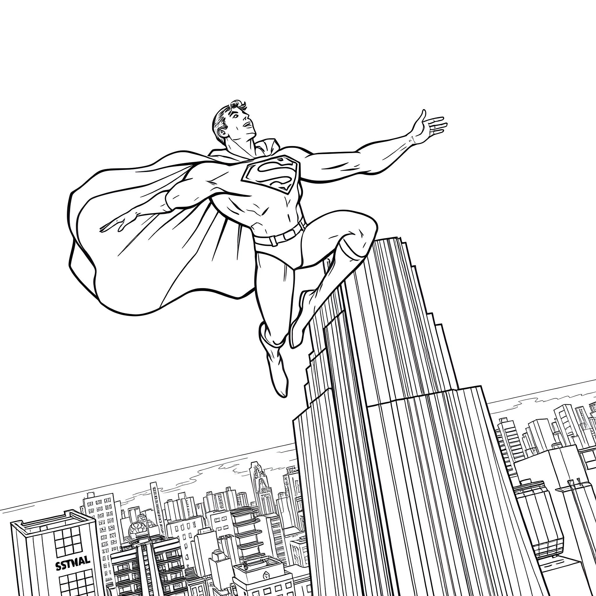 Superman heroically flying over the city skyline Coloring Page (free black-and-white line drawing printable PDF for all, from beginners to advanced learners, including children, teens, adults, and seniors)