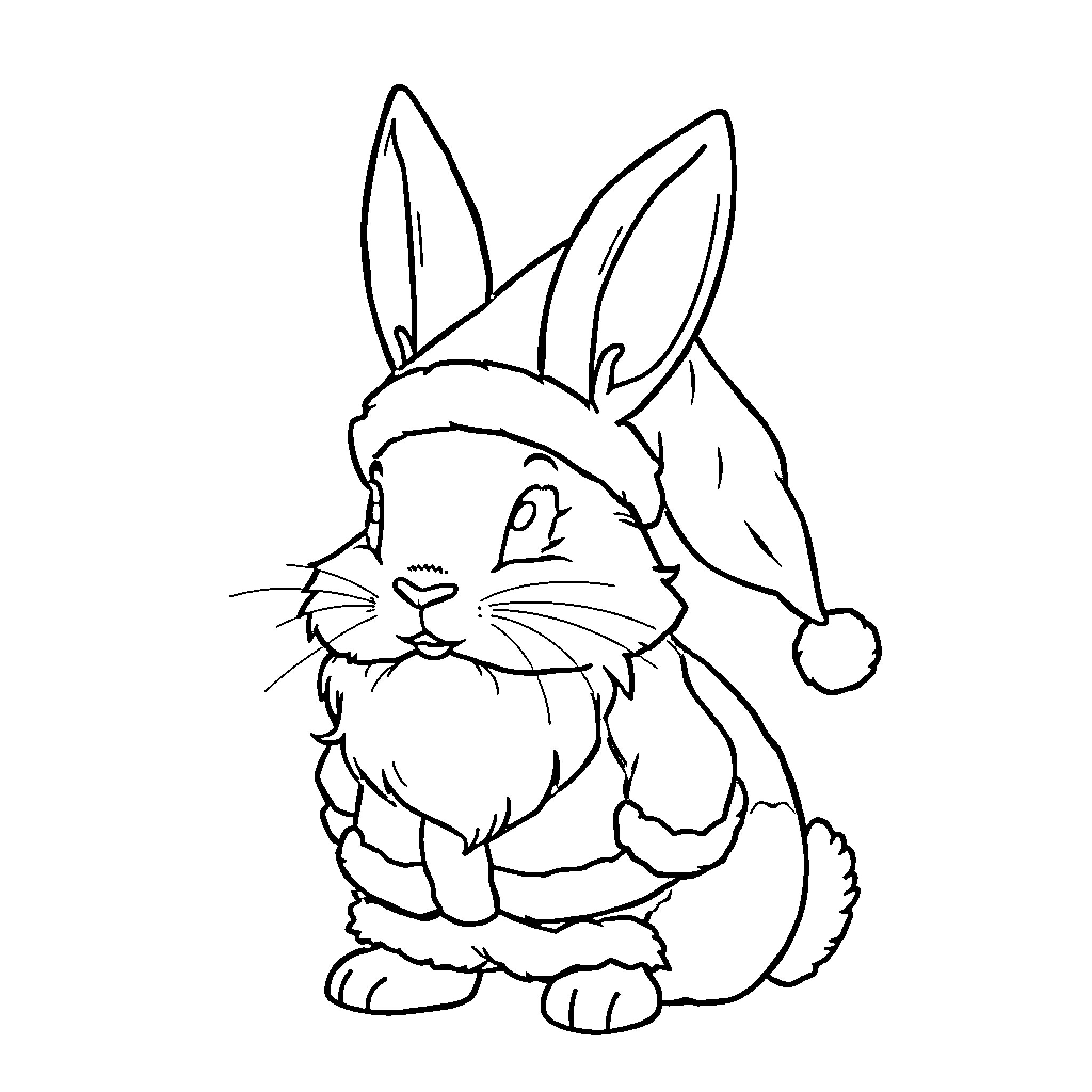 Bunny wearing a winter hat Coloring Page (free black-and-white line drawing printable PDF for all, from beginners to advanced learners, including children, teens, adults, and seniors)