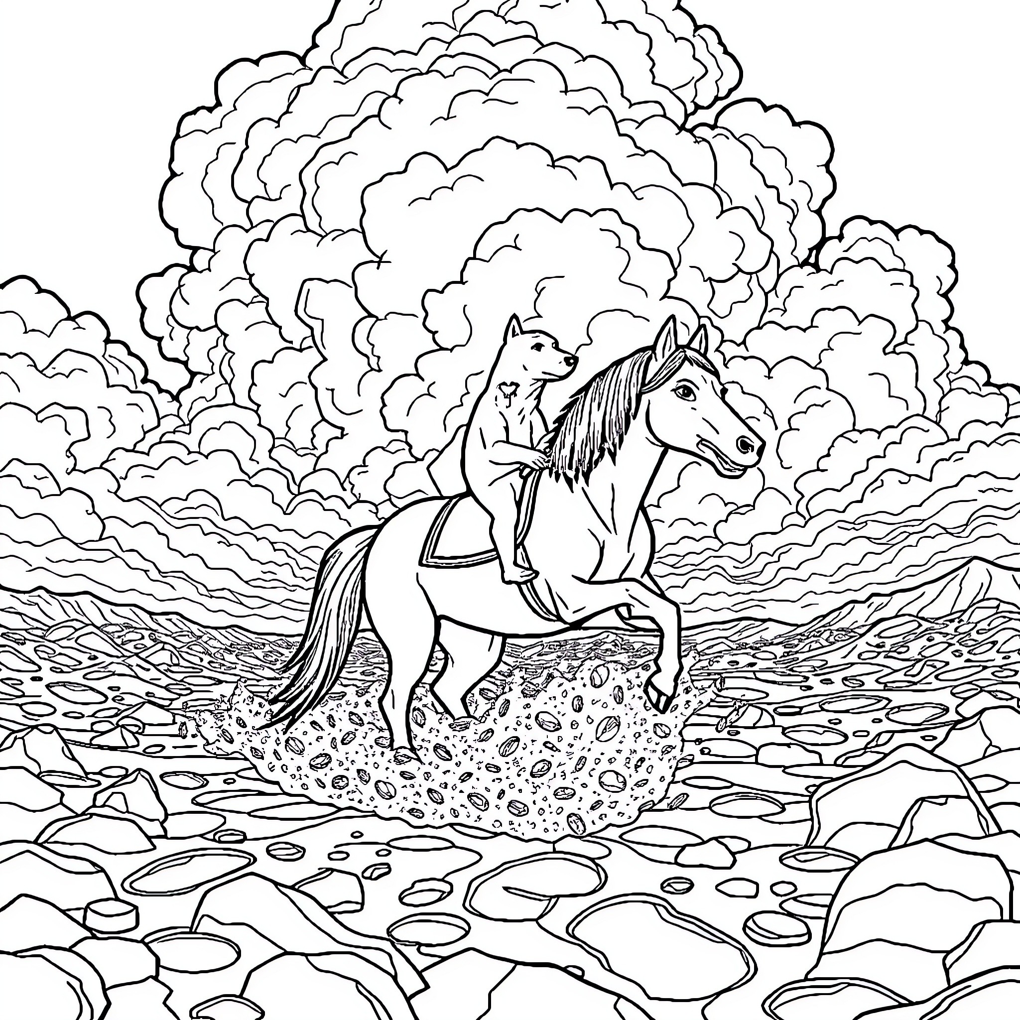 Dog riding a horse in a fantasy landscape Coloring Page (free black-and-white line drawing printable PDF for all, from beginners to advanced learners, including children, teens, adults, and seniors)