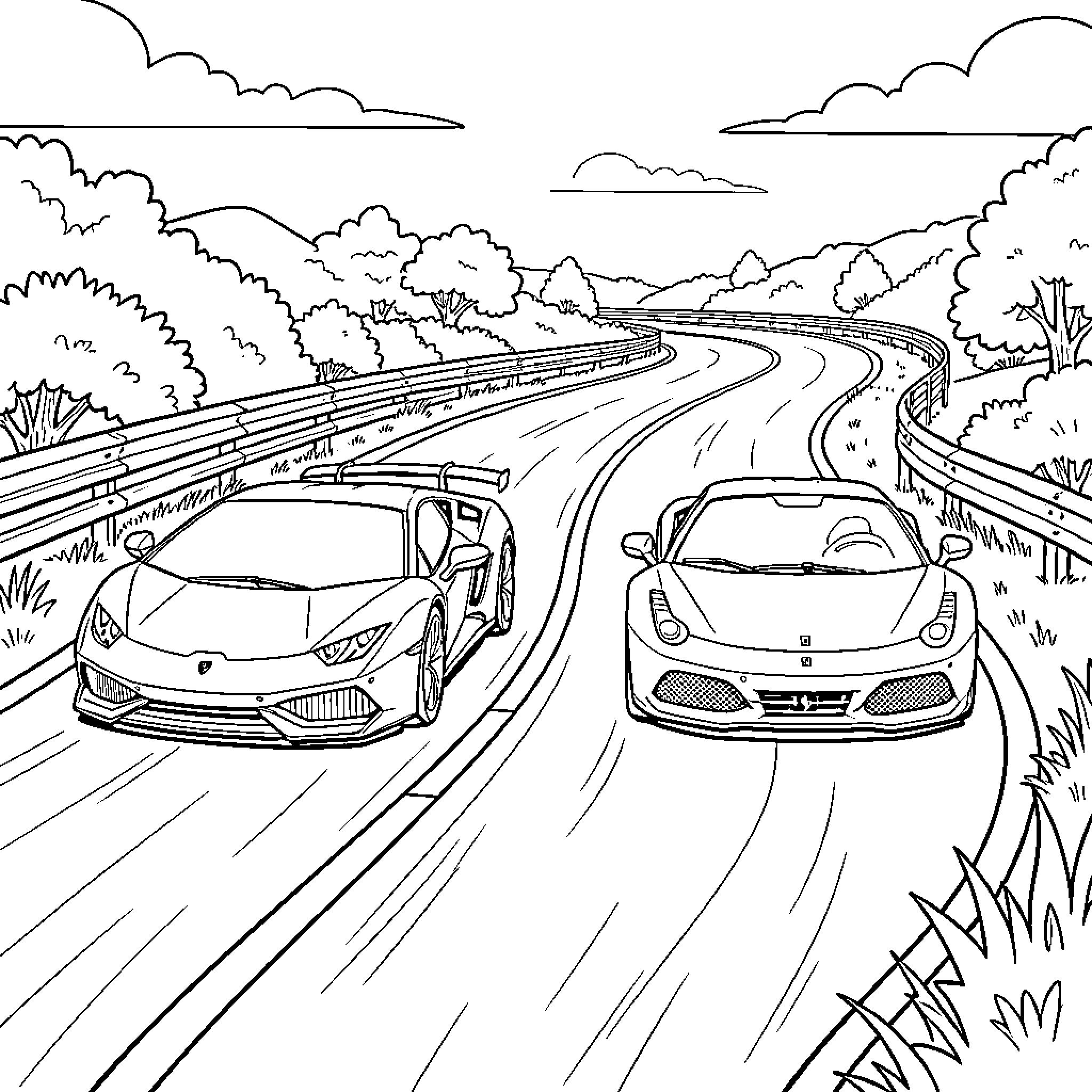 Lamborghini and another sports car racing on a winding road Coloring Page (free black-and-white line drawing printable PDF for all, from beginners to advanced learners, including children, teens, adults, and seniors)
