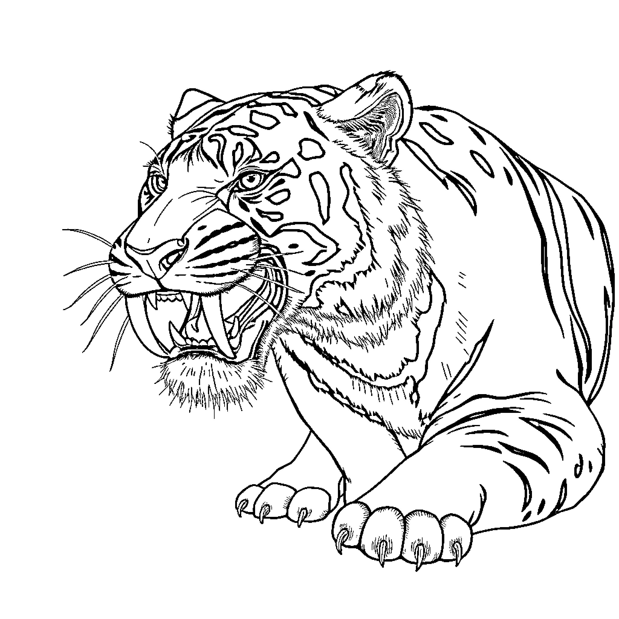 Sabertooth tiger's fierce expression Coloring Page (free black-and-white line drawing printable PDF for all, from beginners to advanced learners, including children, teens, adults, and seniors)