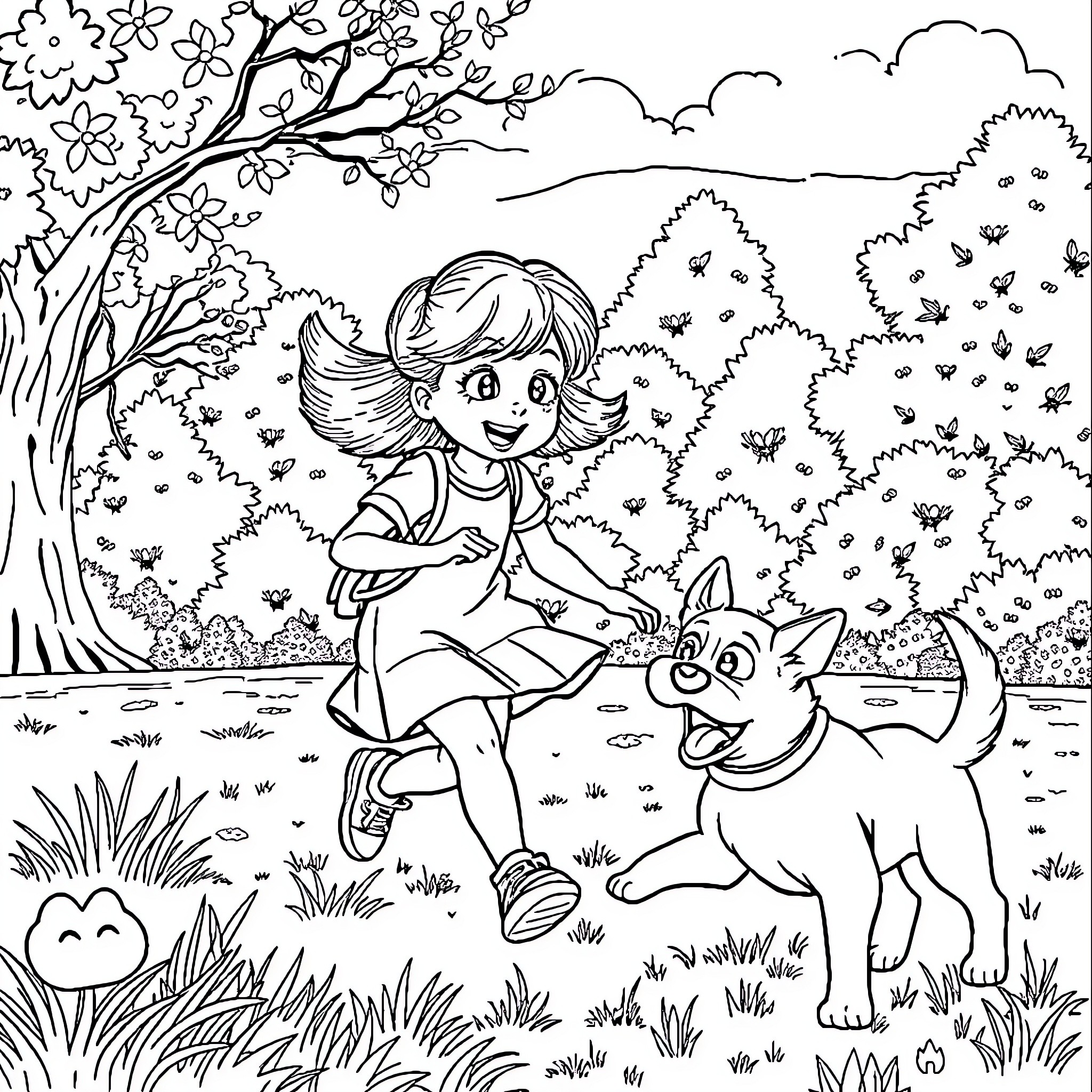 Tomboy playing joyfully with her dog in the park Coloring Page (free black-and-white line drawing printable PDF for all, from beginners to advanced learners, including children, teens, adults, and seniors)