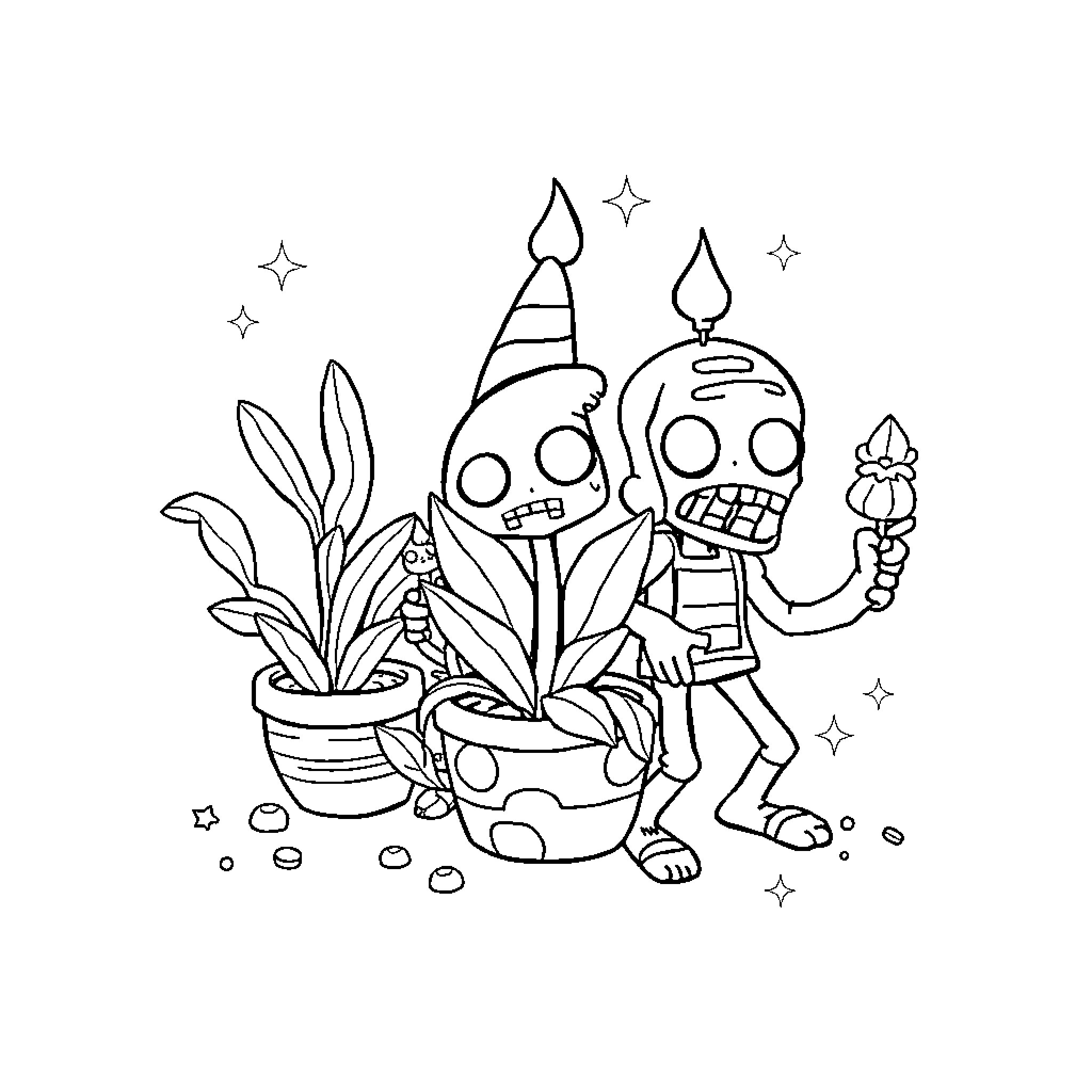 Plants vs. Zombies themed characters in a playful setting Coloring Page (free black-and-white line drawing printable PDF for all, from beginners to advanced learners, including children, teens, adults, and seniors)