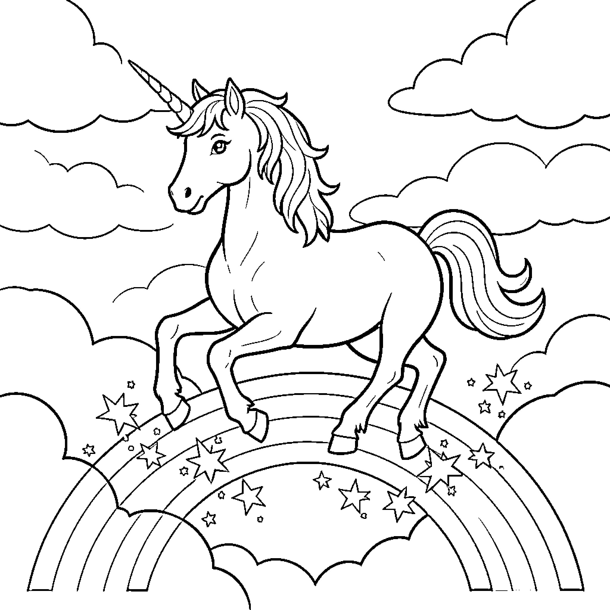 Unicorn galloping through magical starry skies Coloring Page (free black-and-white line drawing printable PDF for all, from beginners to advanced learners, including children, teens, adults, and seniors)