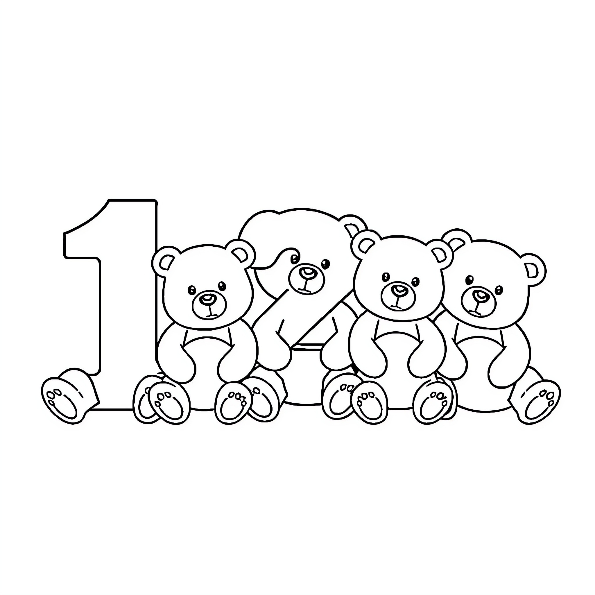Bear friends playing together with number one Coloring Page (free black-and-white line drawing printable PDF for all, from beginners to advanced learners, including children, teens, adults, and seniors)