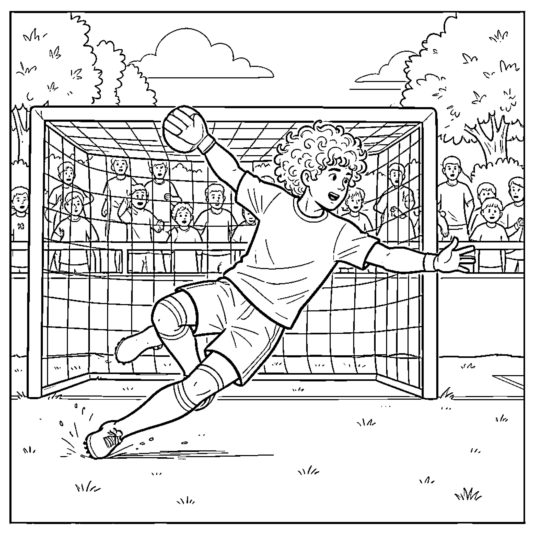 Goalie making a dramatic save on the field Coloring Page (free black-and-white line drawing printable PDF for all, from beginners to advanced learners, including children, teens, adults, and seniors)