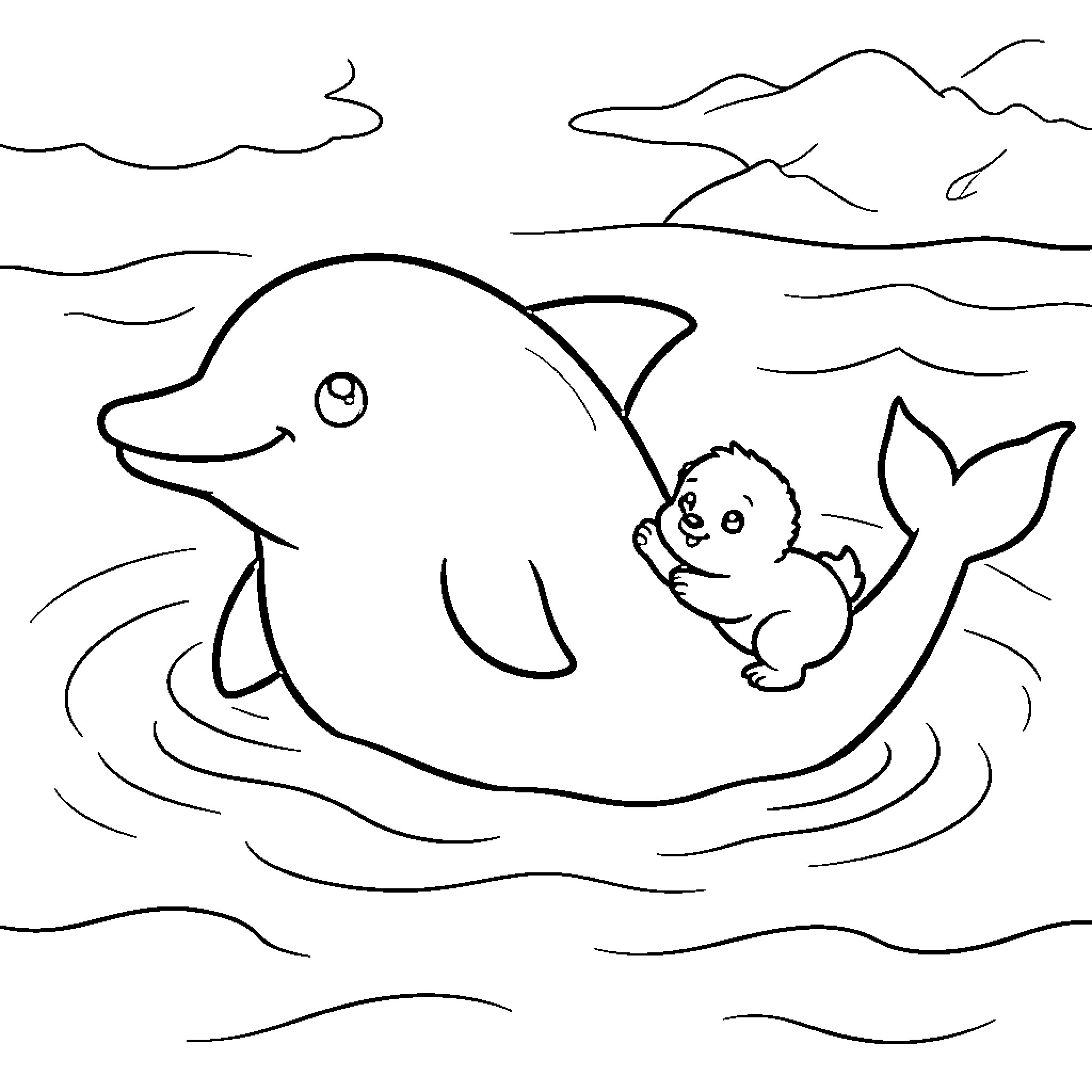 Dolphin swimming playfully with a small sea creature Coloring Page (free black-and-white line drawing printable PDF for all, from beginners to advanced learners, including children, teens, adults, and seniors)