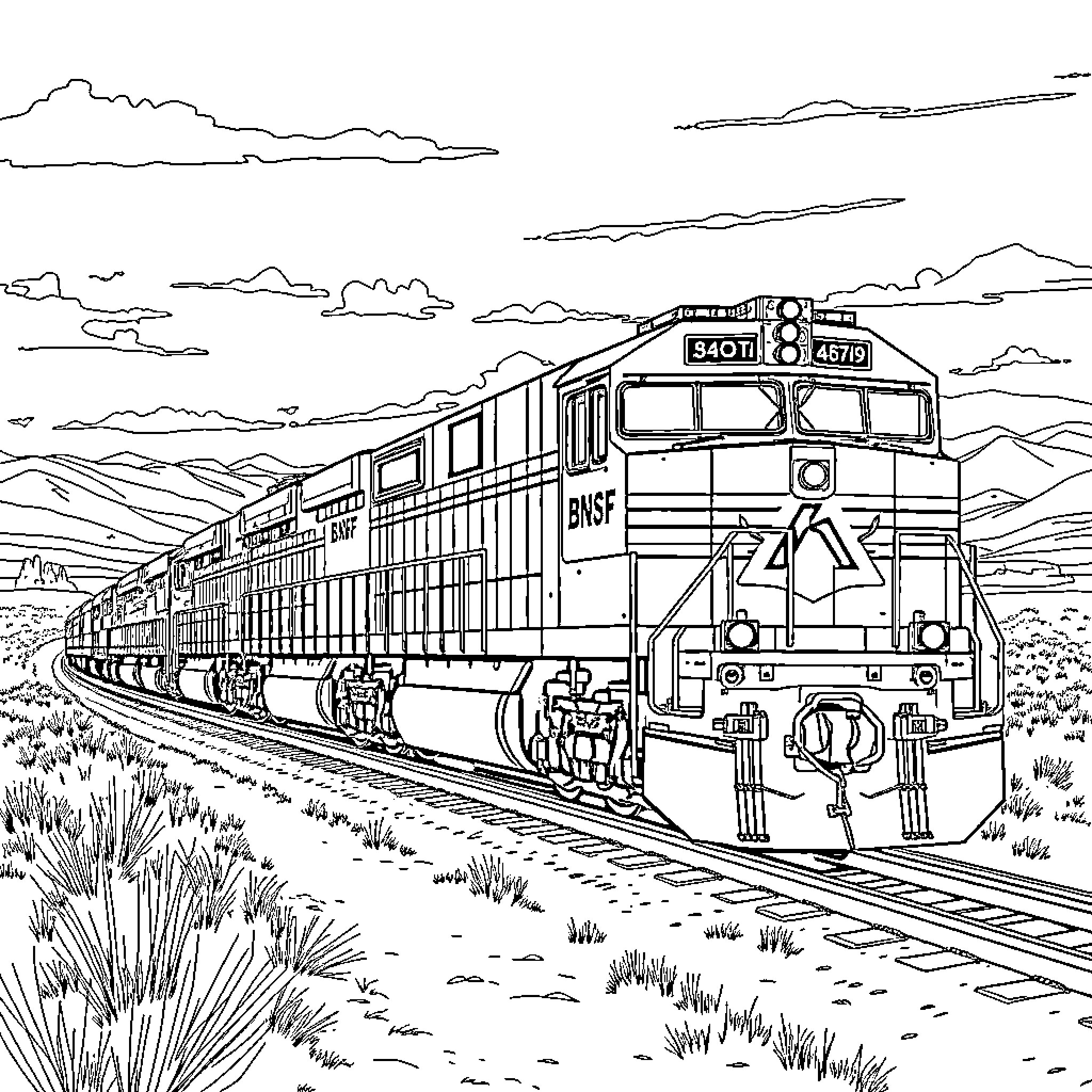 Train Traversing Scenic Mountain Landscape Coloring Page (free black-and-white line drawing printable PDF for all, from beginners to advanced learners, including children, teens, adults, and seniors)
