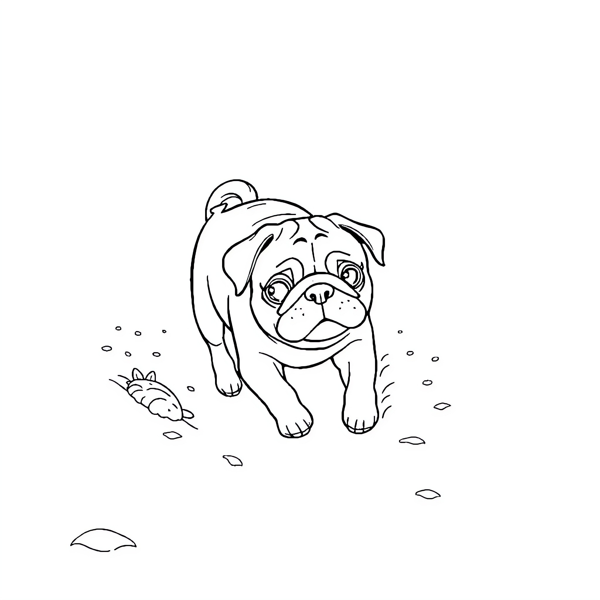 Pug exploring the outdoors with curiosity Coloring Page (free black-and-white line drawing printable PDF for all, from beginners to advanced learners, including children, teens, adults, and seniors)