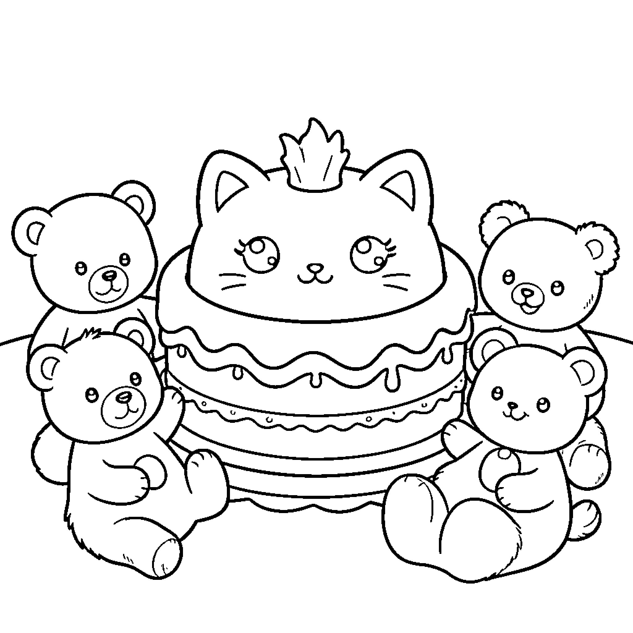 Cat and bears enjoying a cake Coloring Page (free black-and-white line drawing printable PDF for all, from beginners to advanced learners, including children, teens, adults, and seniors)