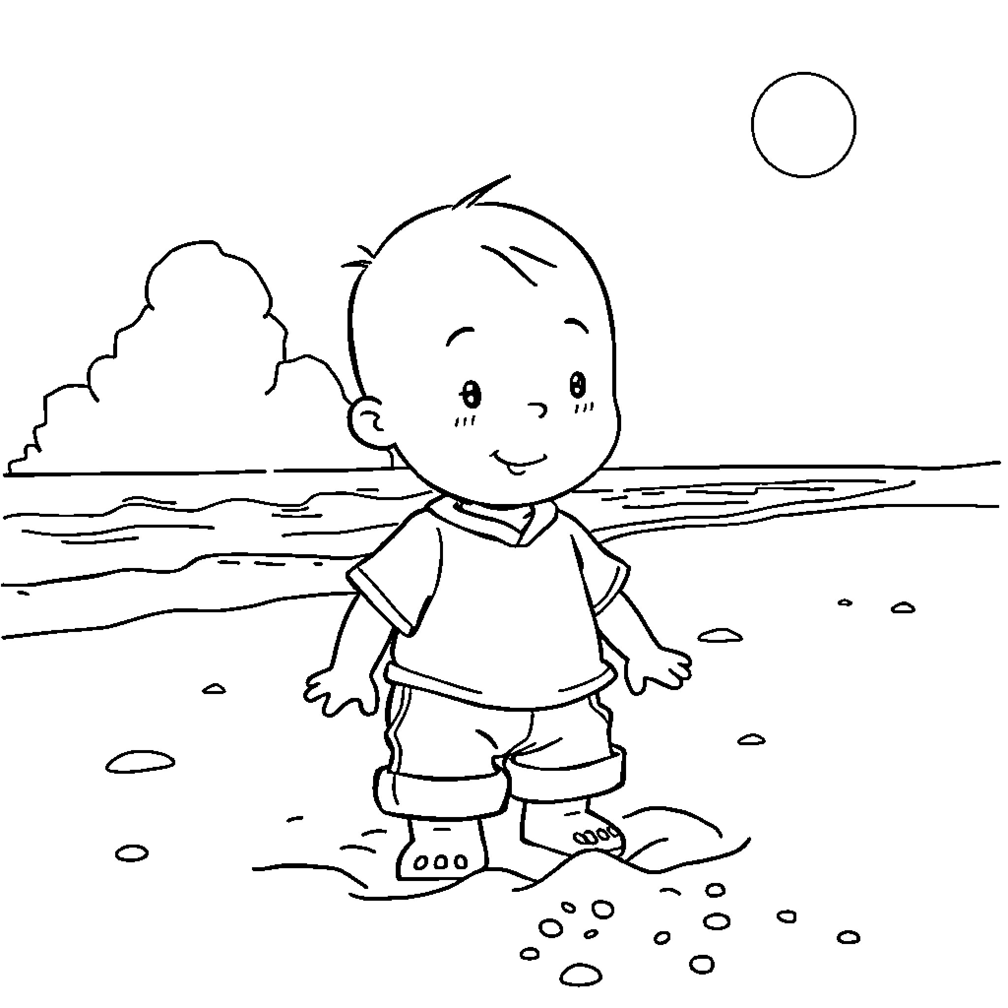 Caillou standing happily on a sunny beach Coloring Page (free black-and-white line drawing printable PDF for all, from beginners to advanced learners, including children, teens, adults, and seniors)