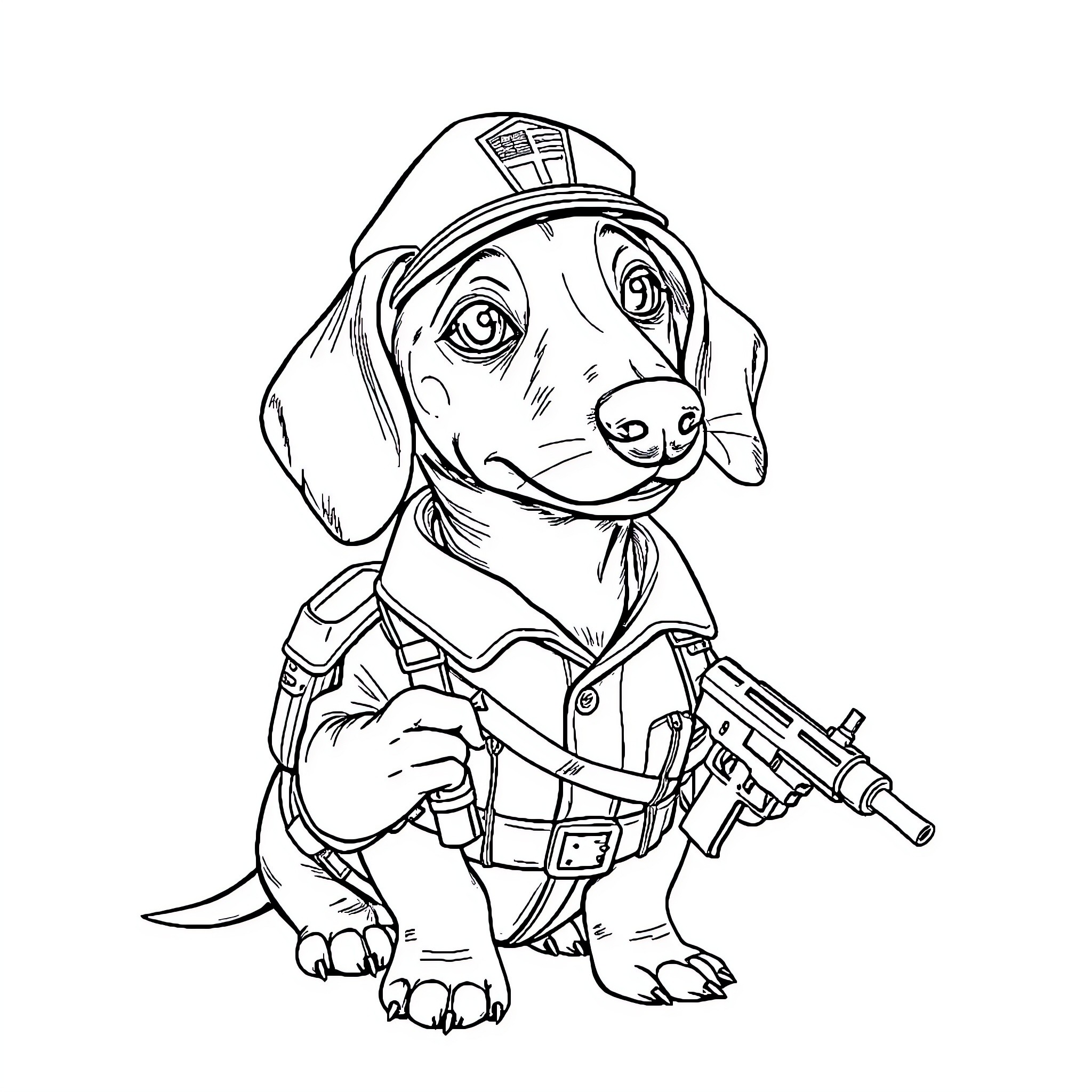 Dachshund firefighter dog in uniform Coloring Page (free black-and-white line drawing printable PDF for all, from beginners to advanced learners, including children, teens, adults, and seniors)