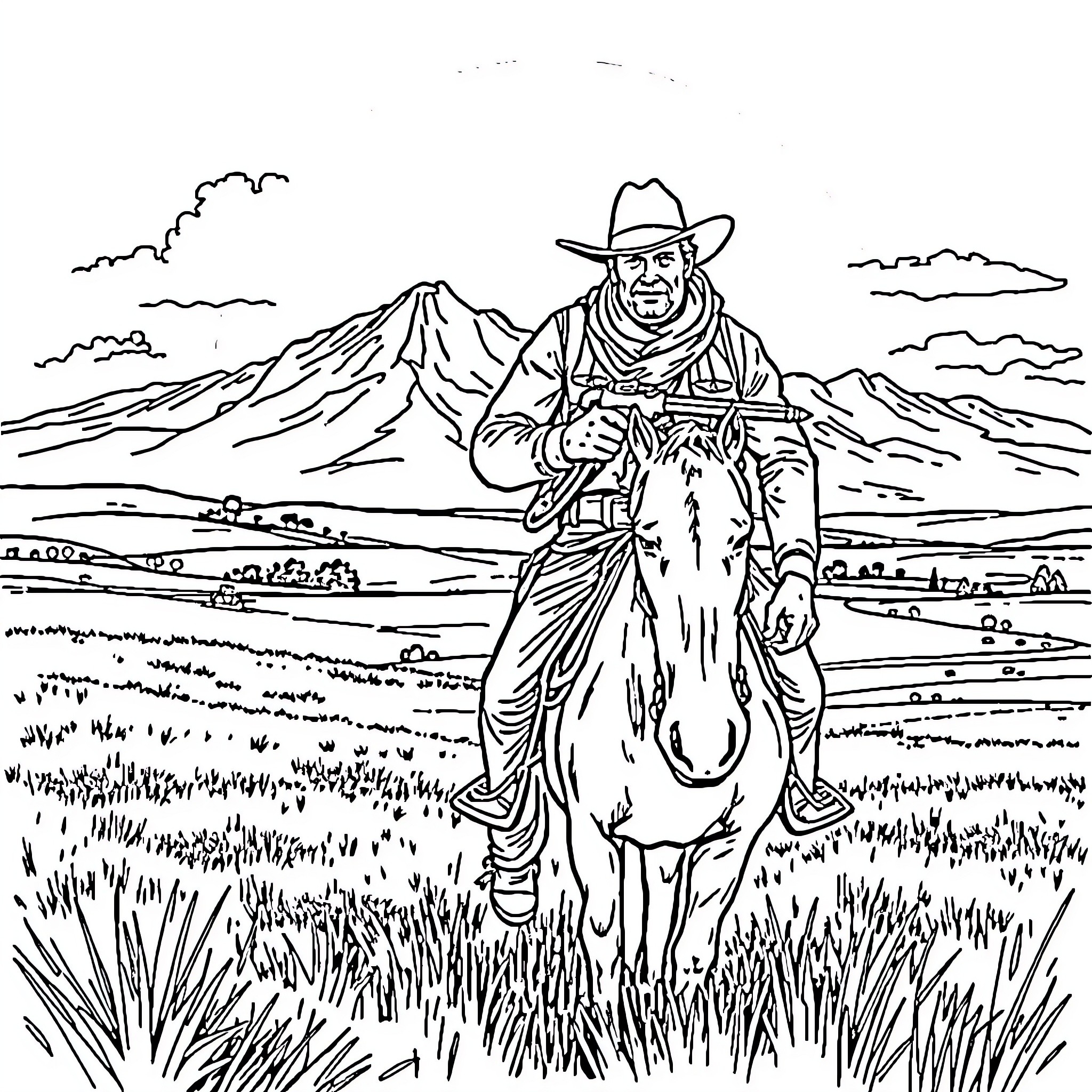 Cowboy riding horse across rugged western landscape Coloring Page (free black-and-white line drawing printable PDF for all, from beginners to advanced learners, including children, teens, adults, and seniors)