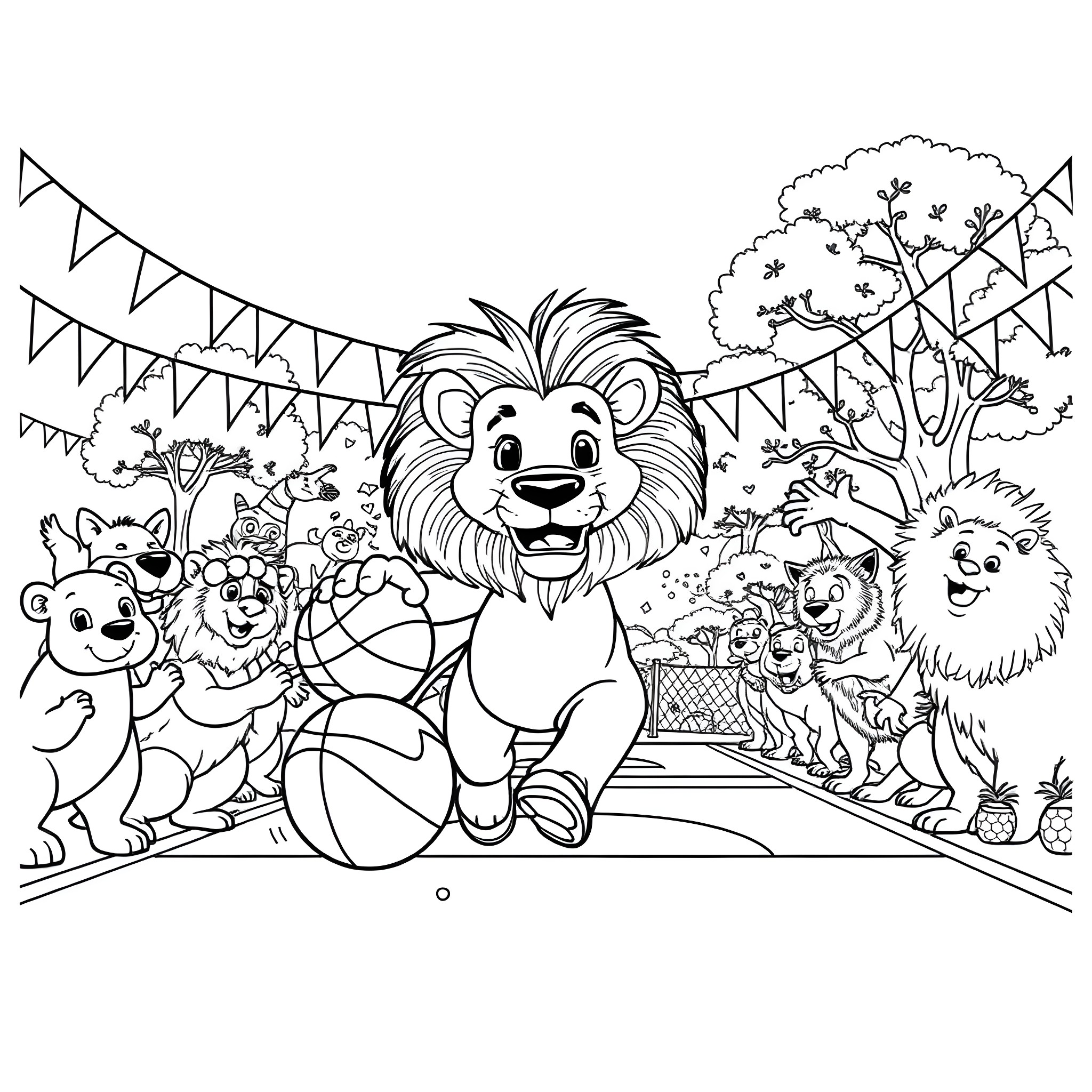 Lion and Friends Celebrating at the Party Coloring Page (free black-and-white line drawing printable PDF for all, from beginners to advanced learners, including children, teens, adults, and seniors)