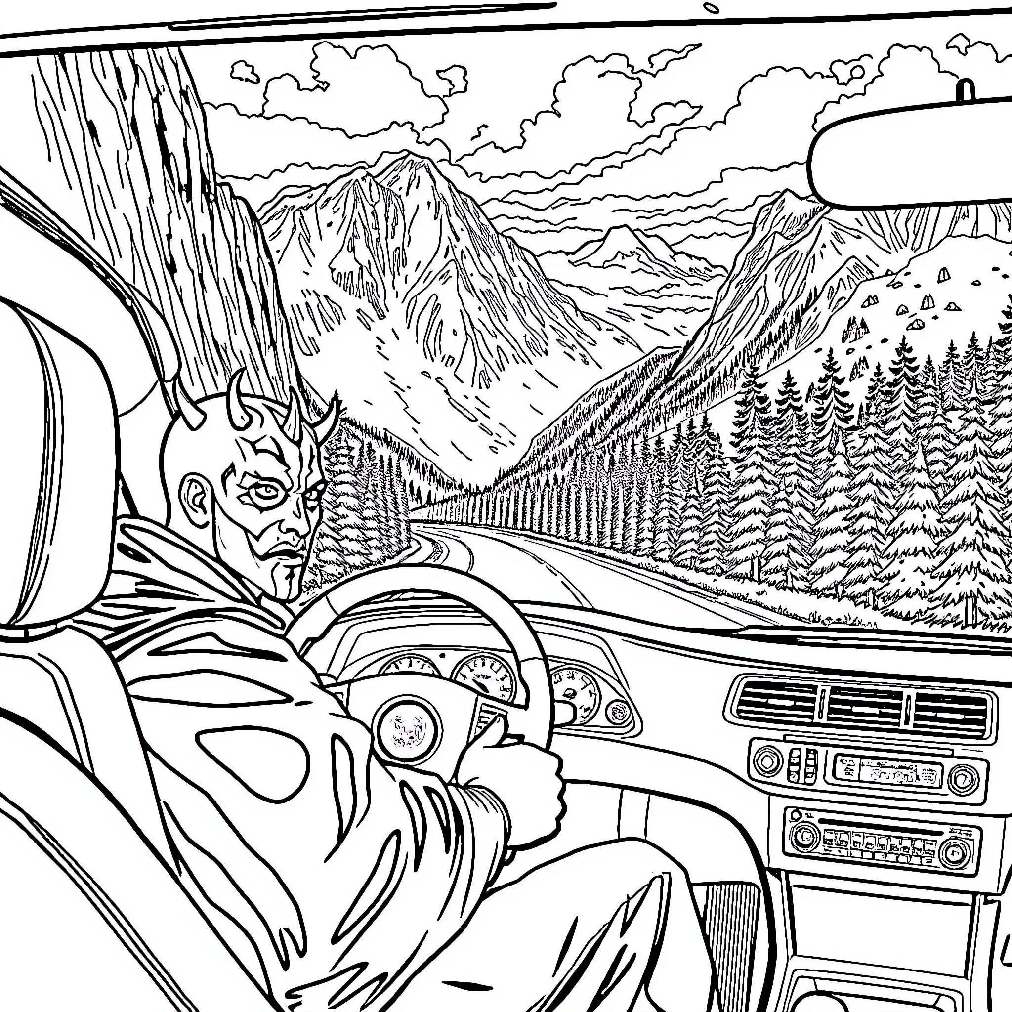 Darth Maul's Scenic Road Trip Adventure Coloring Page (free black-and-white line drawing printable PDF for all, from beginners to advanced learners, including children, teens, adults, and seniors)