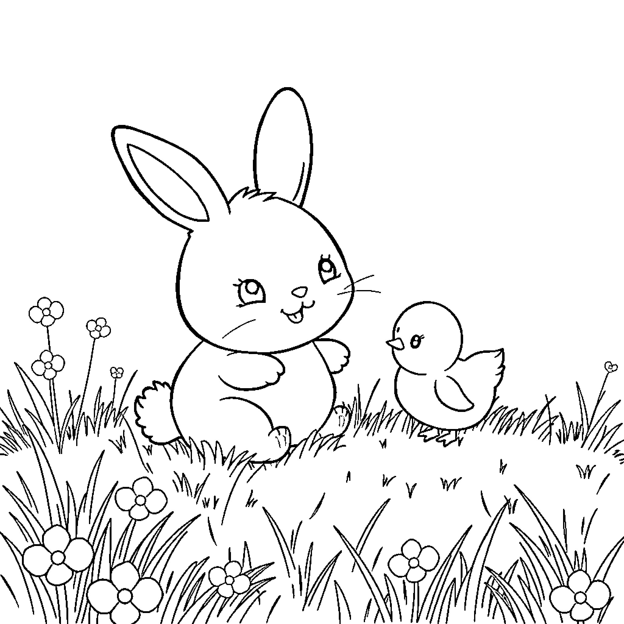 Molang playing with a chick in the flowery meadow Coloring Page (free black-and-white line drawing printable PDF for all, from beginners to advanced learners, including children, teens, adults, and seniors)