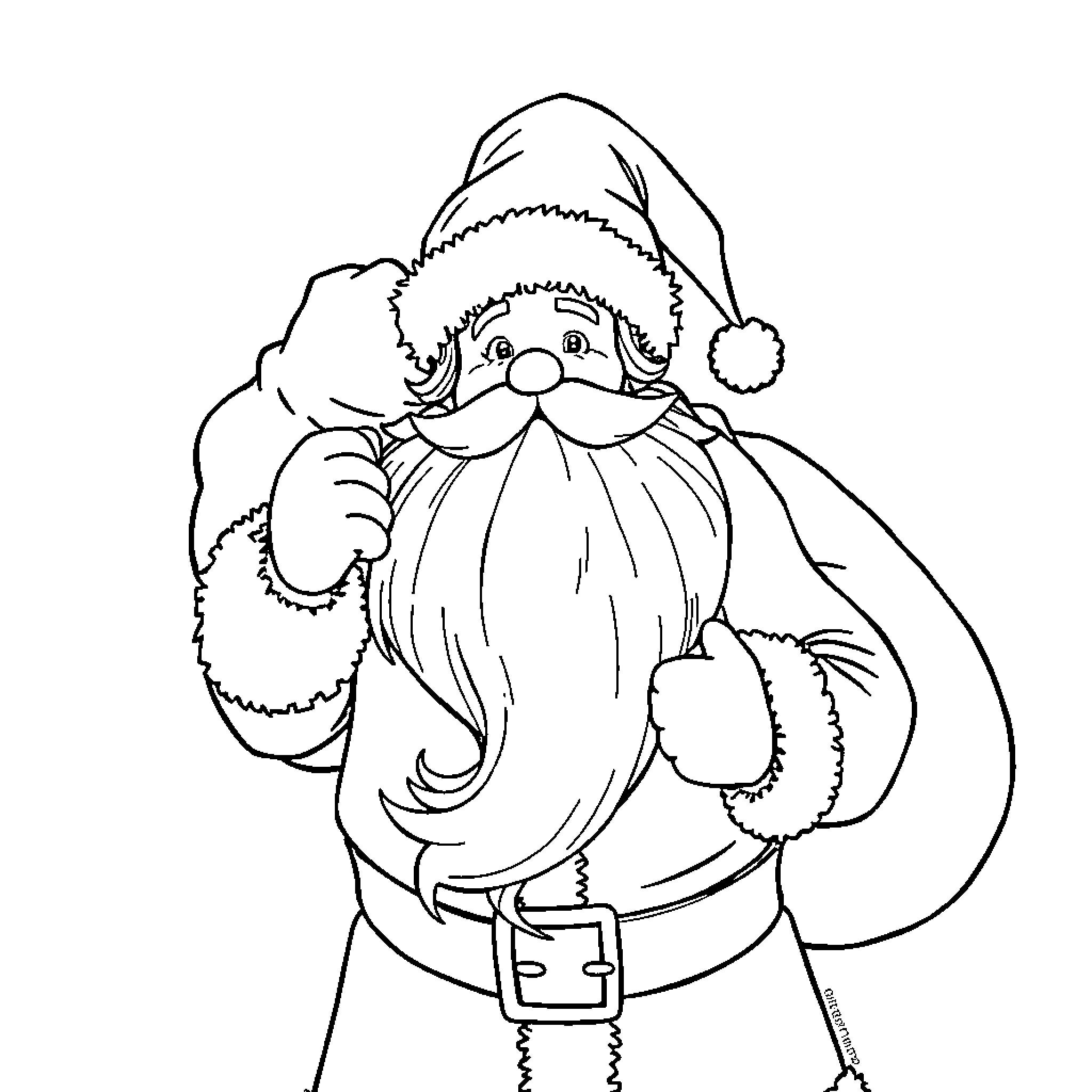 Santa Claus with Jolly Smile and Sack Coloring Page (free black-and-white line drawing printable PDF for all, from beginners to advanced learners, including children, teens, adults, and seniors)