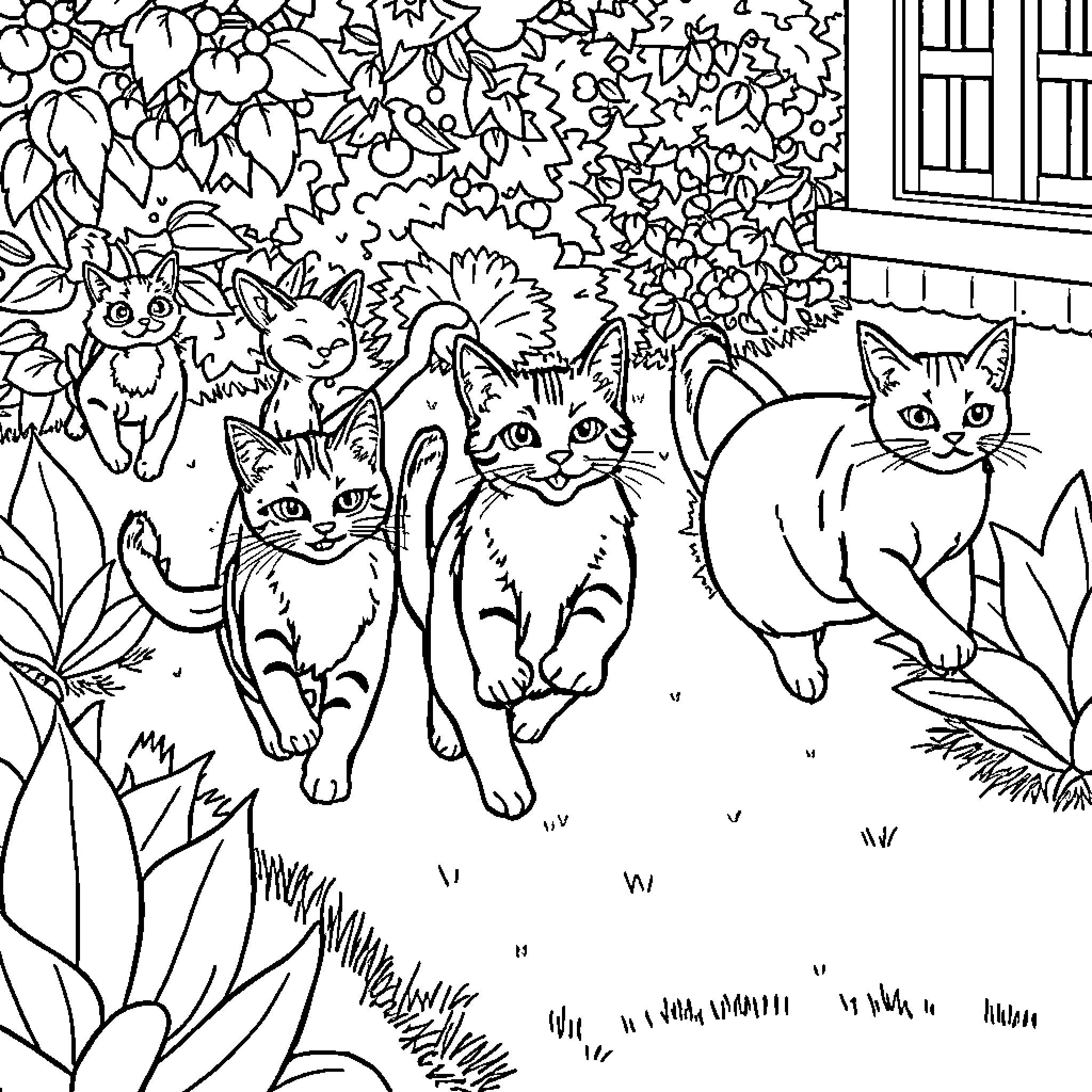 Cats in a Lush Garden Coloring Page (free black-and-white line drawing printable PDF for all, from beginners to advanced learners, including children, teens, adults, and seniors)