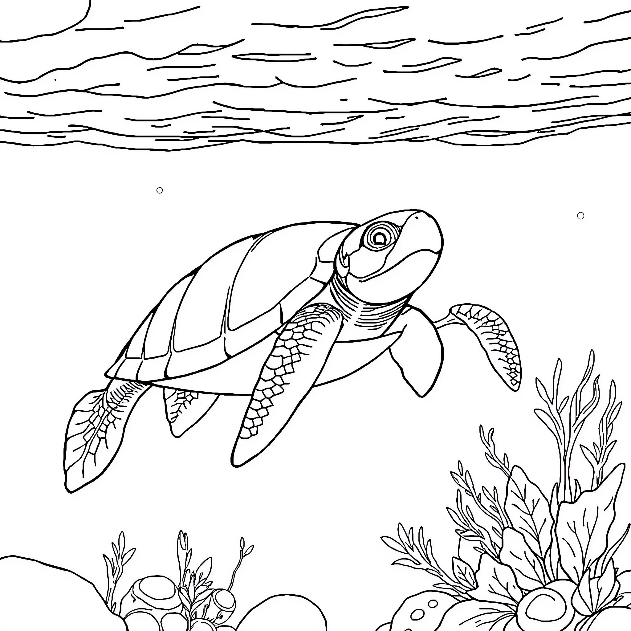 Shark swimming gracefully underwater Coloring Page (free black-and-white line drawing printable PDF for all, from beginners to advanced learners, including children, teens, adults, and seniors)