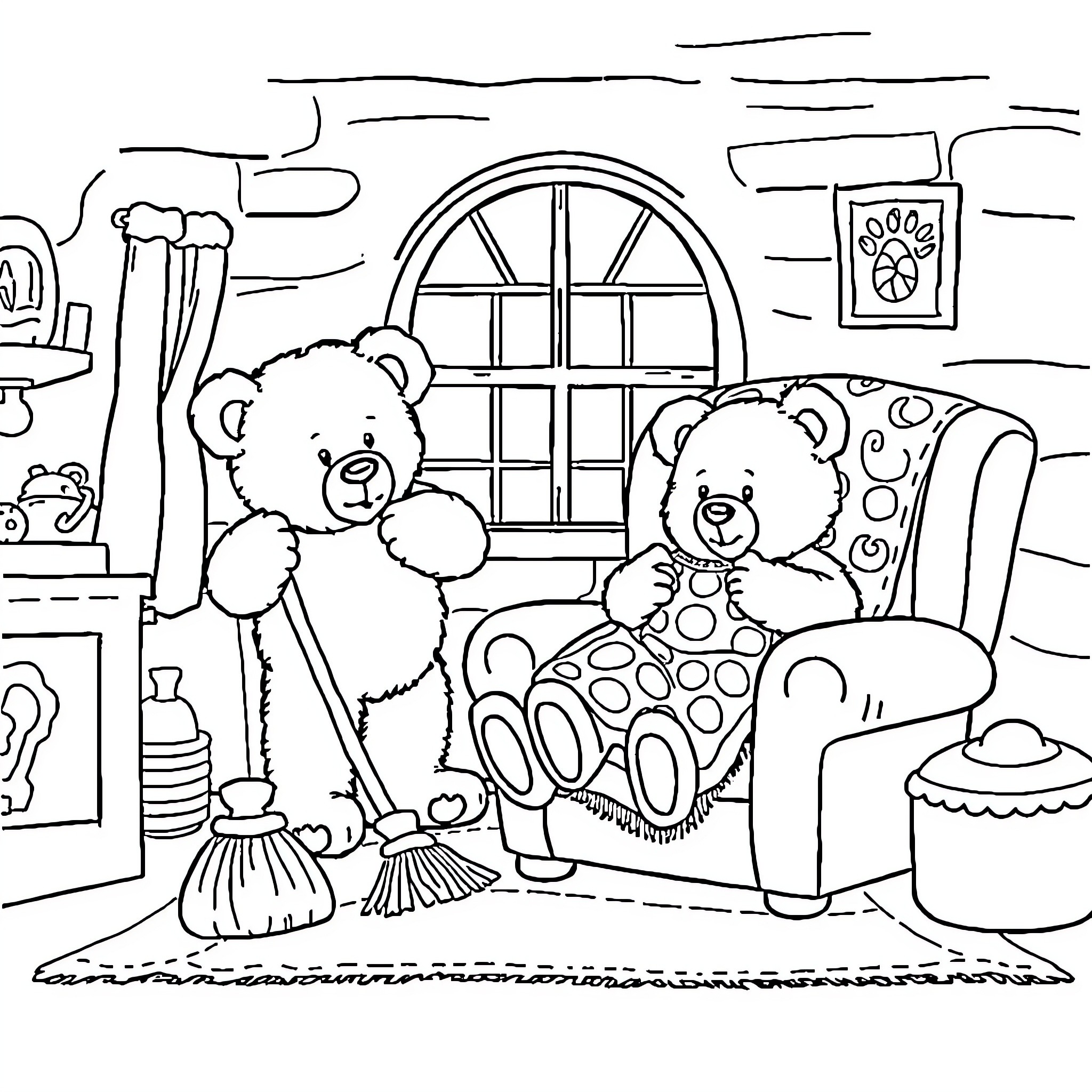 Teddy Bears Cleaning and Resting in Cozy Home Coloring Page (free black-and-white line drawing printable PDF for all, from beginners to advanced learners, including children, teens, adults, and seniors)