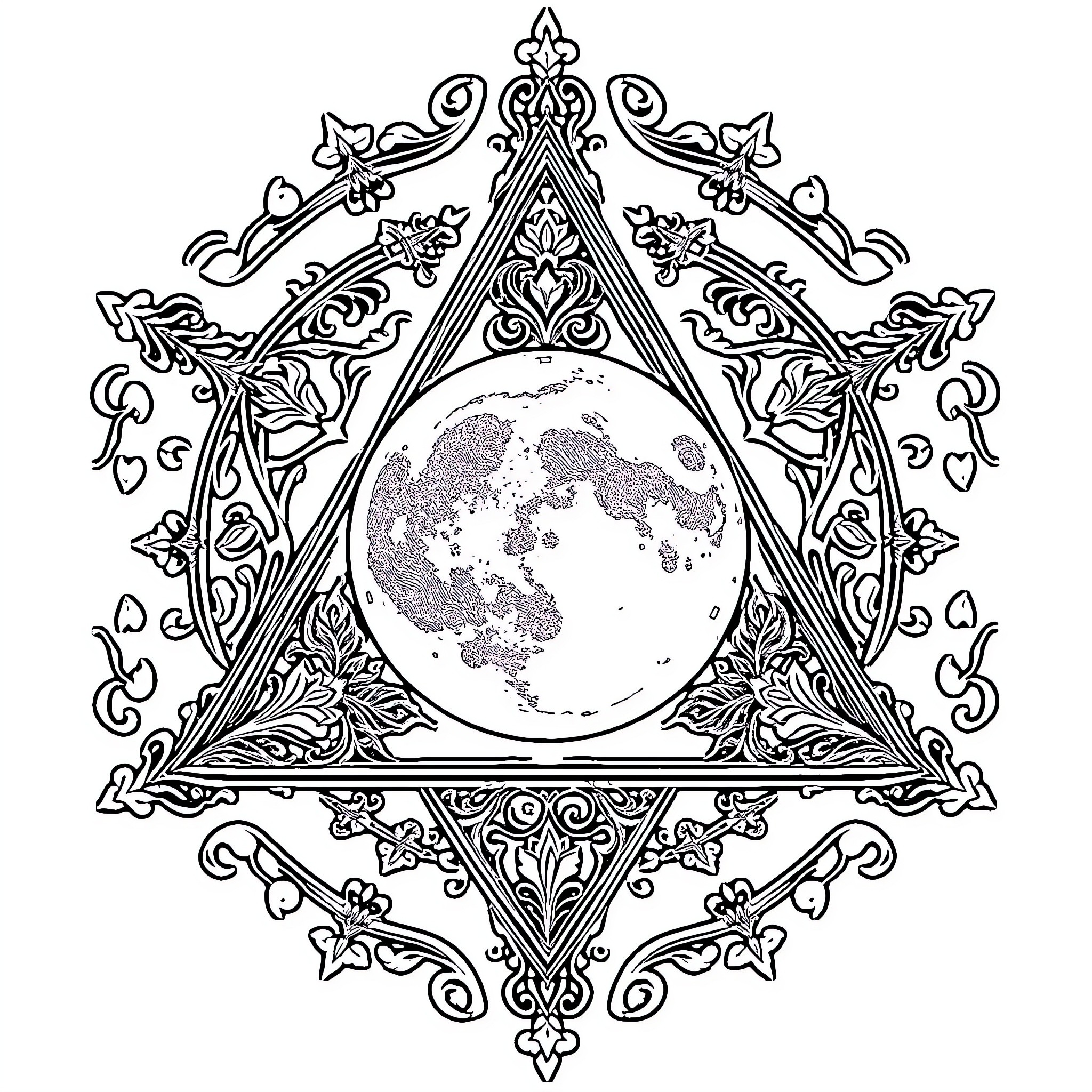 Lune: Ornate Celestial Design with Earth Coloring Page (free black-and-white line drawing printable PDF for all, from beginners to advanced learners, including children, teens, adults, and seniors)