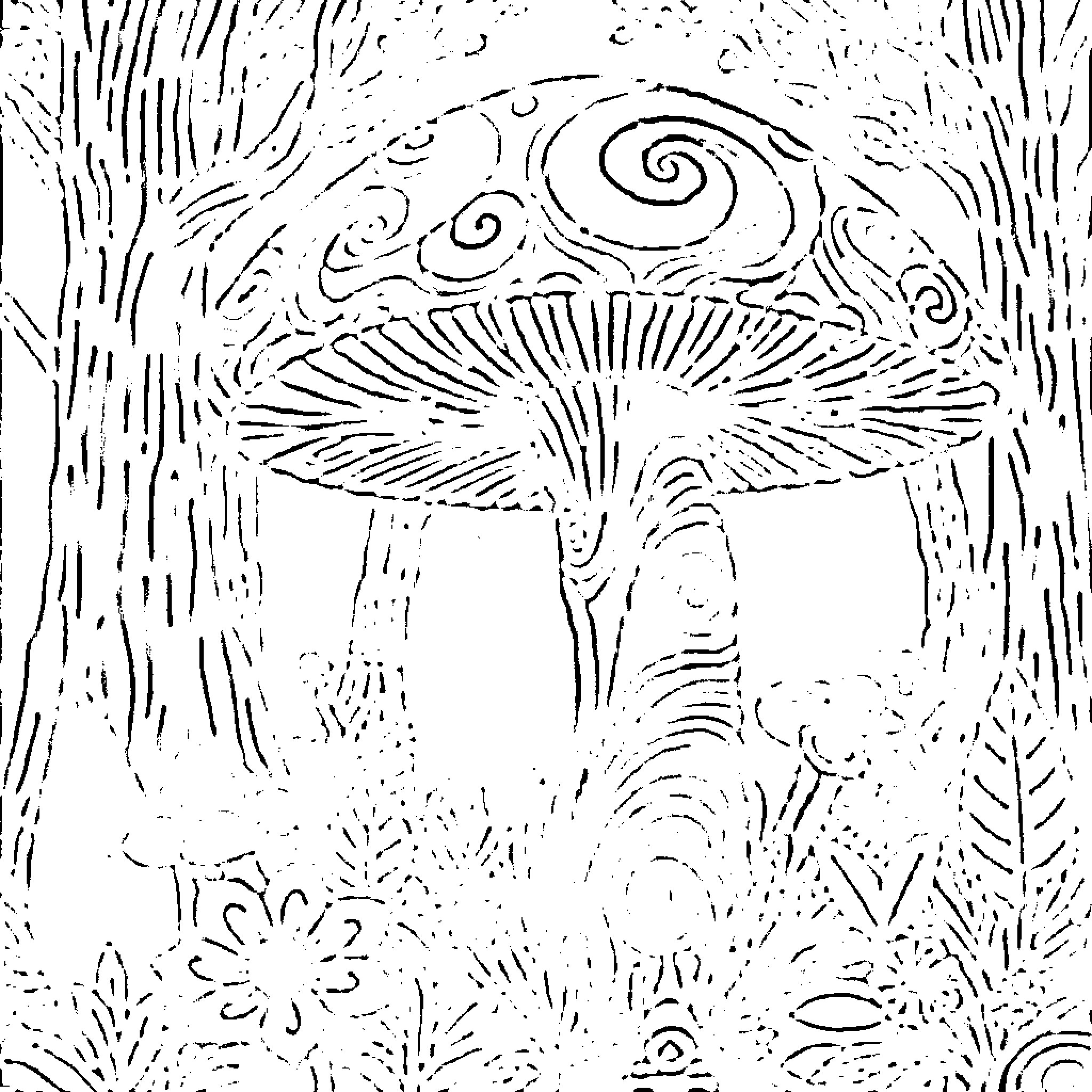 Mushroom with Intricate Patterns in the Forest Coloring Page (free black-and-white line drawing printable PDF for all, from beginners to advanced learners, including children, teens, adults, and seniors)