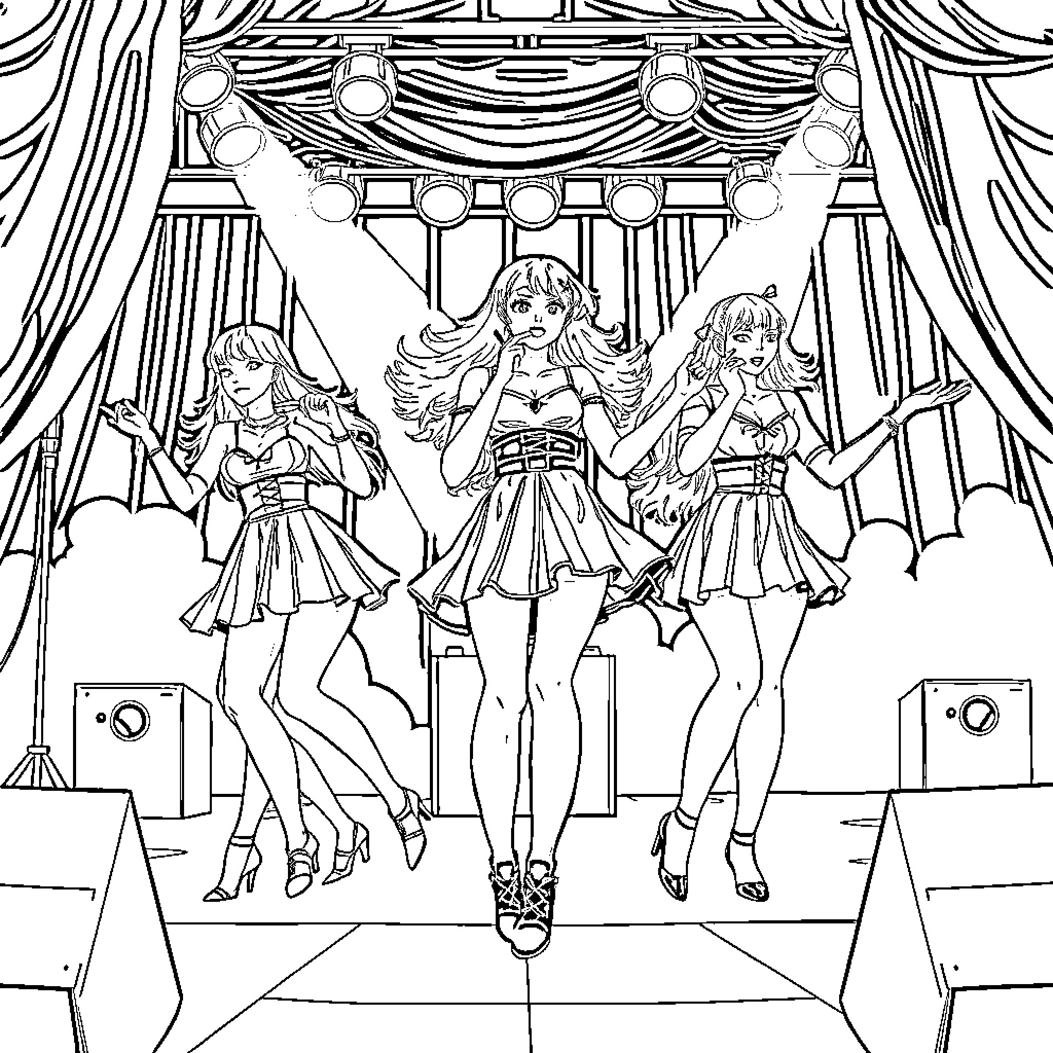 K-Pop Witch Dazzles on the Stage with Three Performers Coloring Page (free black-and-white line drawing printable PDF for all, from beginners to advanced learners, including children, teens, adults, and seniors)