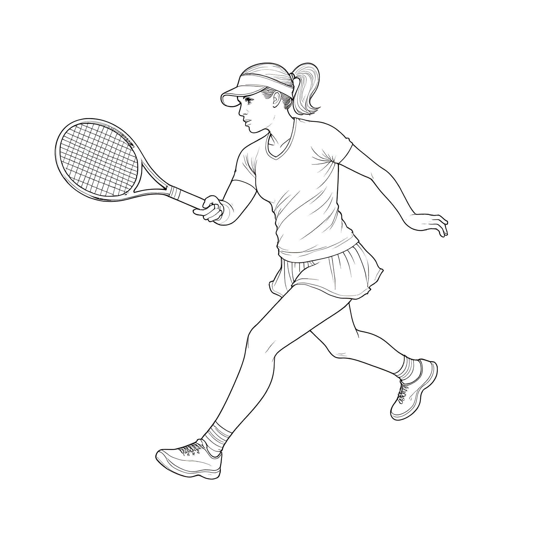 Lois playing tennis on the court Coloring Page (free black-and-white line drawing printable PDF for all, from beginners to advanced learners, including children, teens, adults, and seniors)