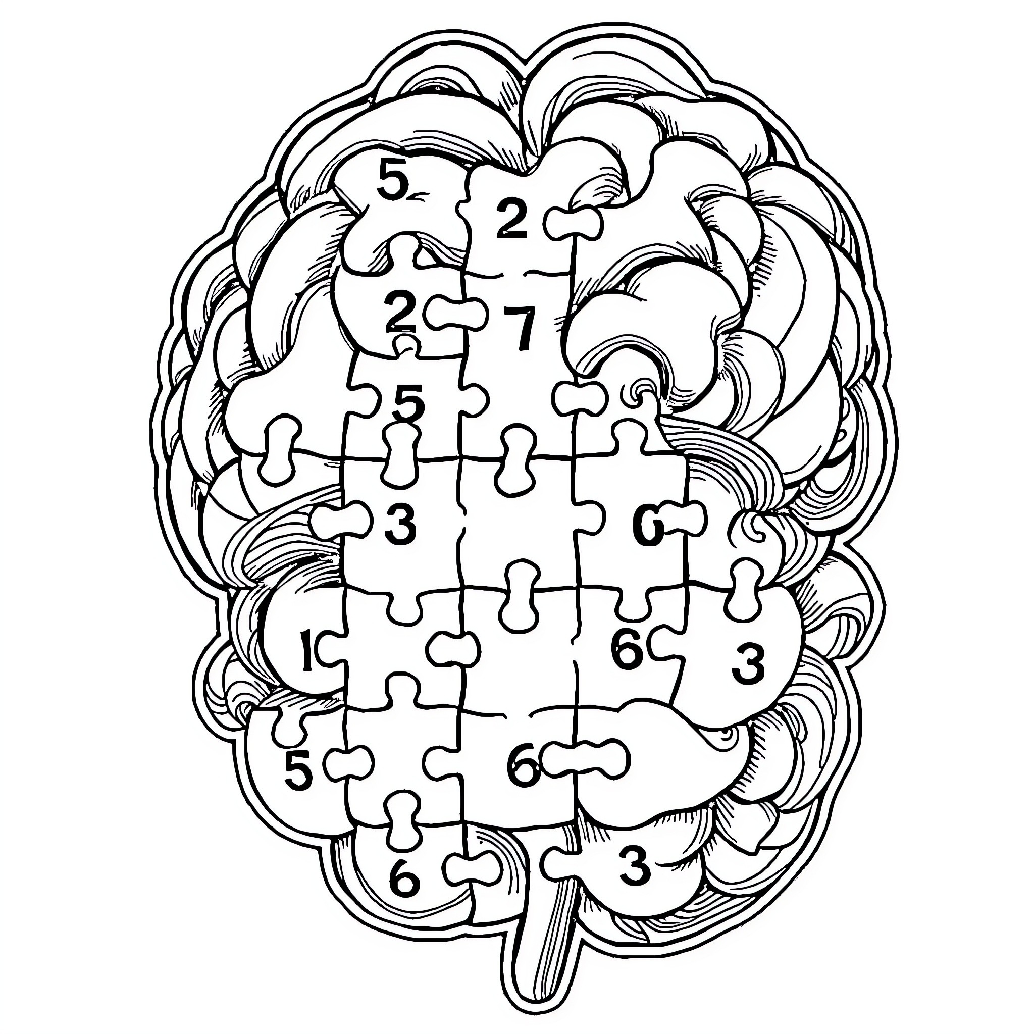 Number Brain Puzzle Activity in Lineart Coloring Page (free black-and-white line drawing printable PDF for all, from beginners to advanced learners, including children, teens, adults, and seniors)