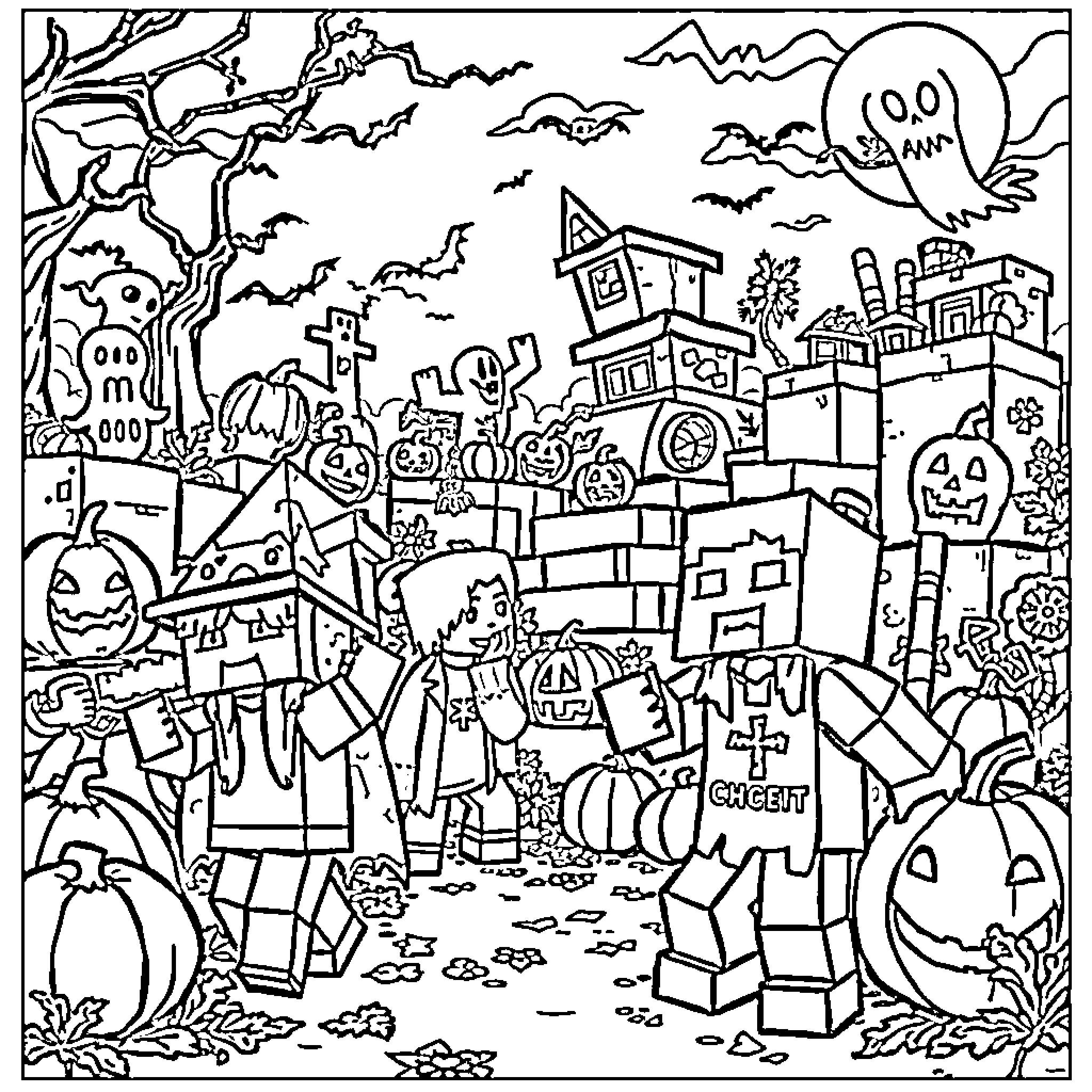 Minecraft Halloween Celebration with Spooky Decorations Coloring Page (free black-and-white line drawing printable PDF for all, from beginners to advanced learners, including children, teens, adults, and seniors)