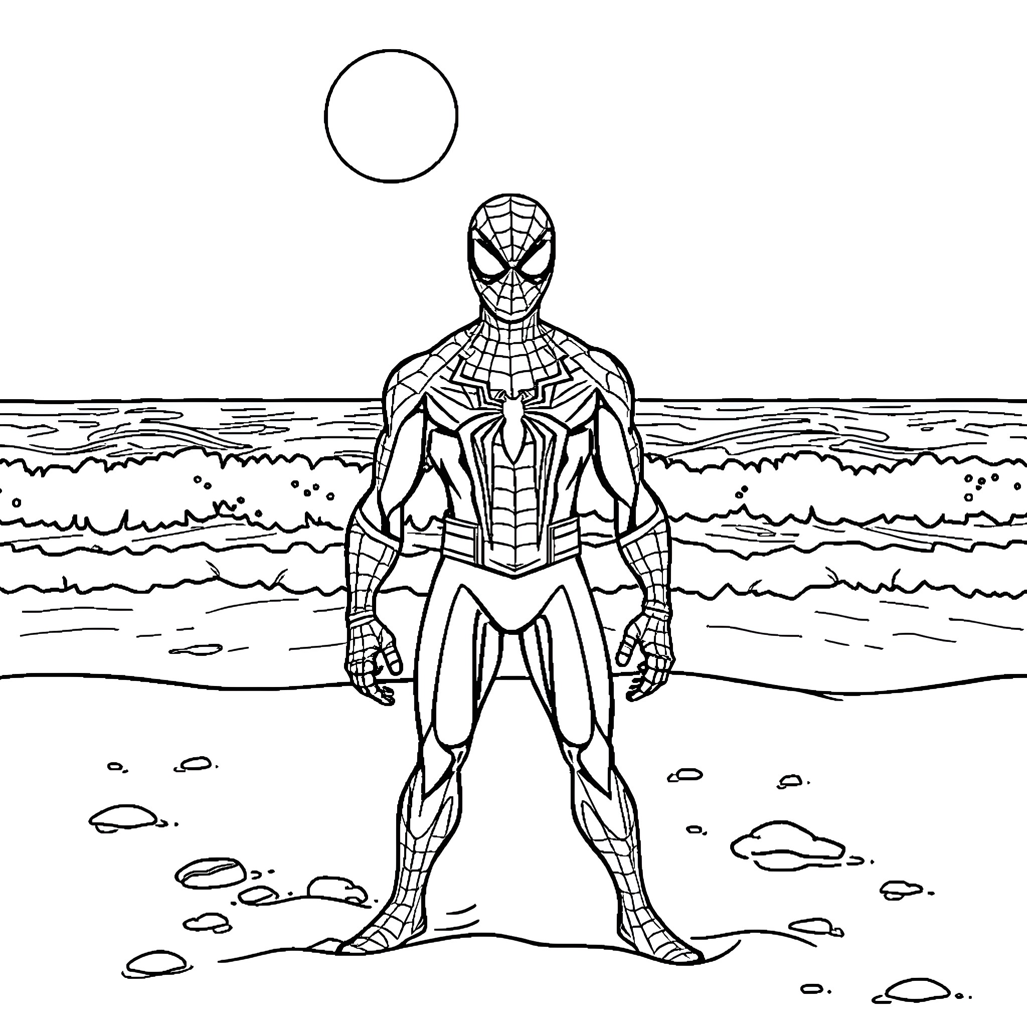 Spider-Man standing heroically on the beach Coloring Page (free black-and-white line drawing printable PDF for all, from beginners to advanced learners, including children, teens, adults, and seniors)