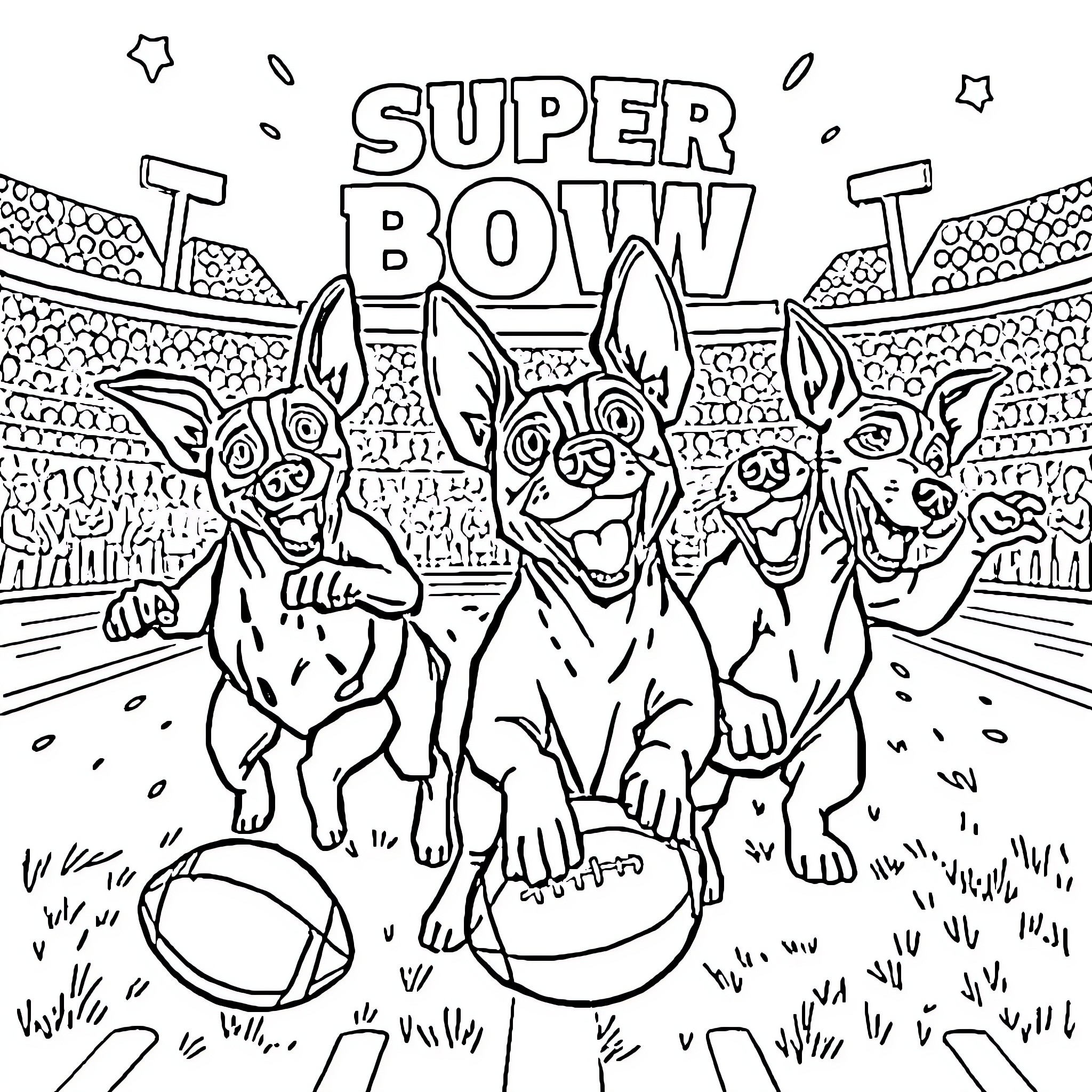 Jack Russell Terriers playing excitedly at the Super Bowl Coloring Page (free black-and-white line drawing printable PDF for all, from beginners to advanced learners, including children, teens, adults, and seniors)