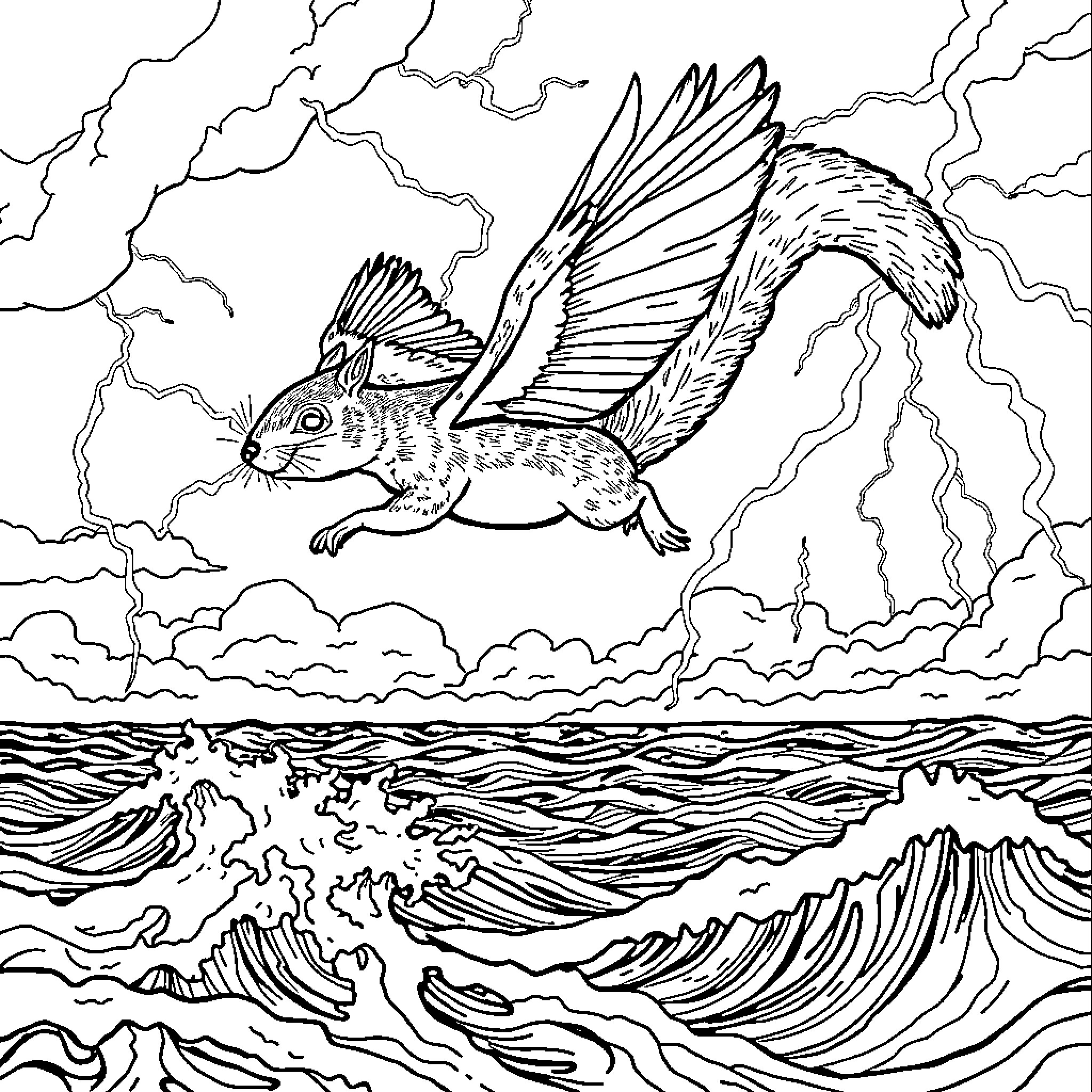 Squirrel soaring through the stormy skies Coloring Page (free black-and-white line drawing printable PDF for all, from beginners to advanced learners, including children, teens, adults, and seniors)