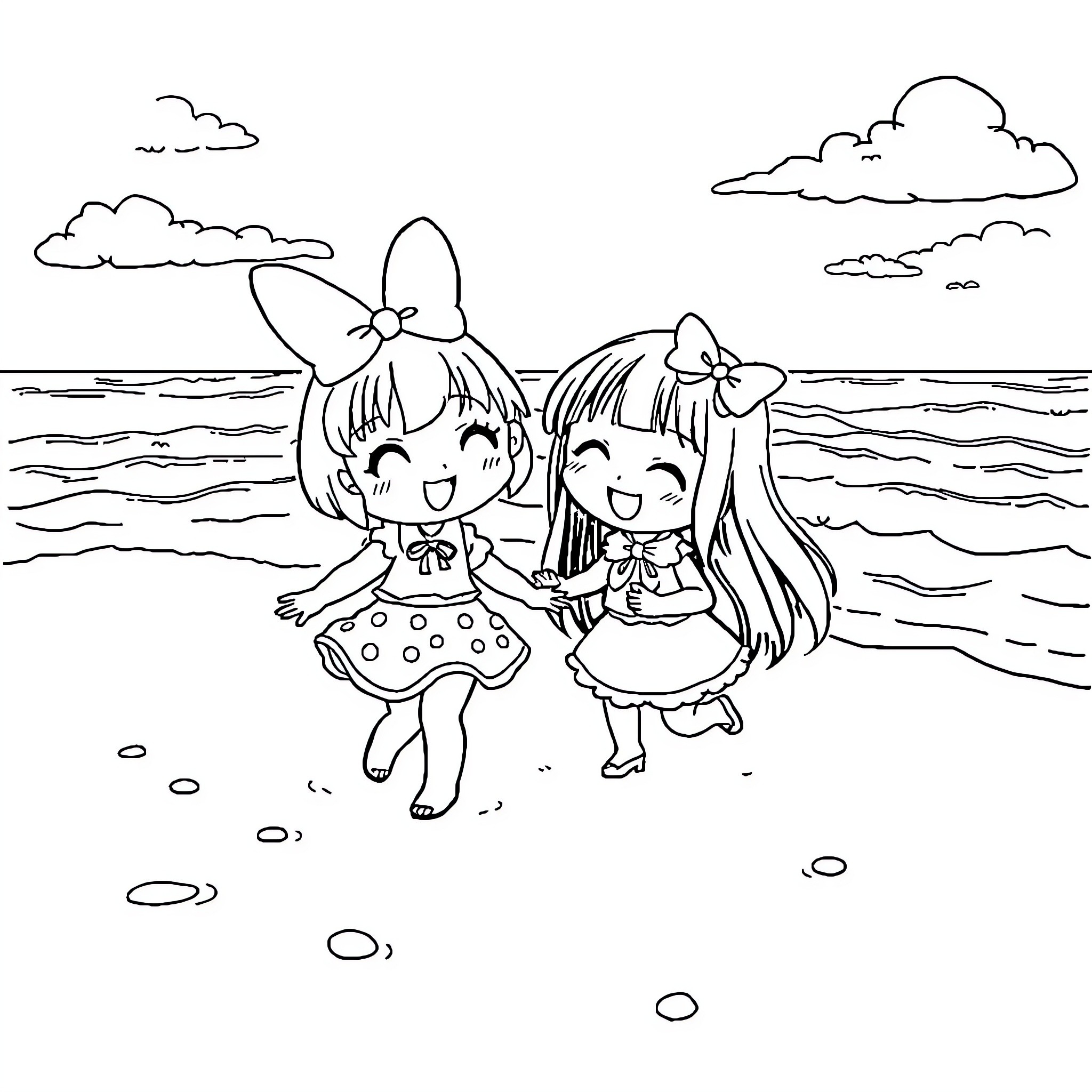 My Melody - Two Girls Playing on the Beach Coloring Page (free black-and-white line drawing printable PDF for all, from beginners to advanced learners, including children, teens, adults, and seniors)