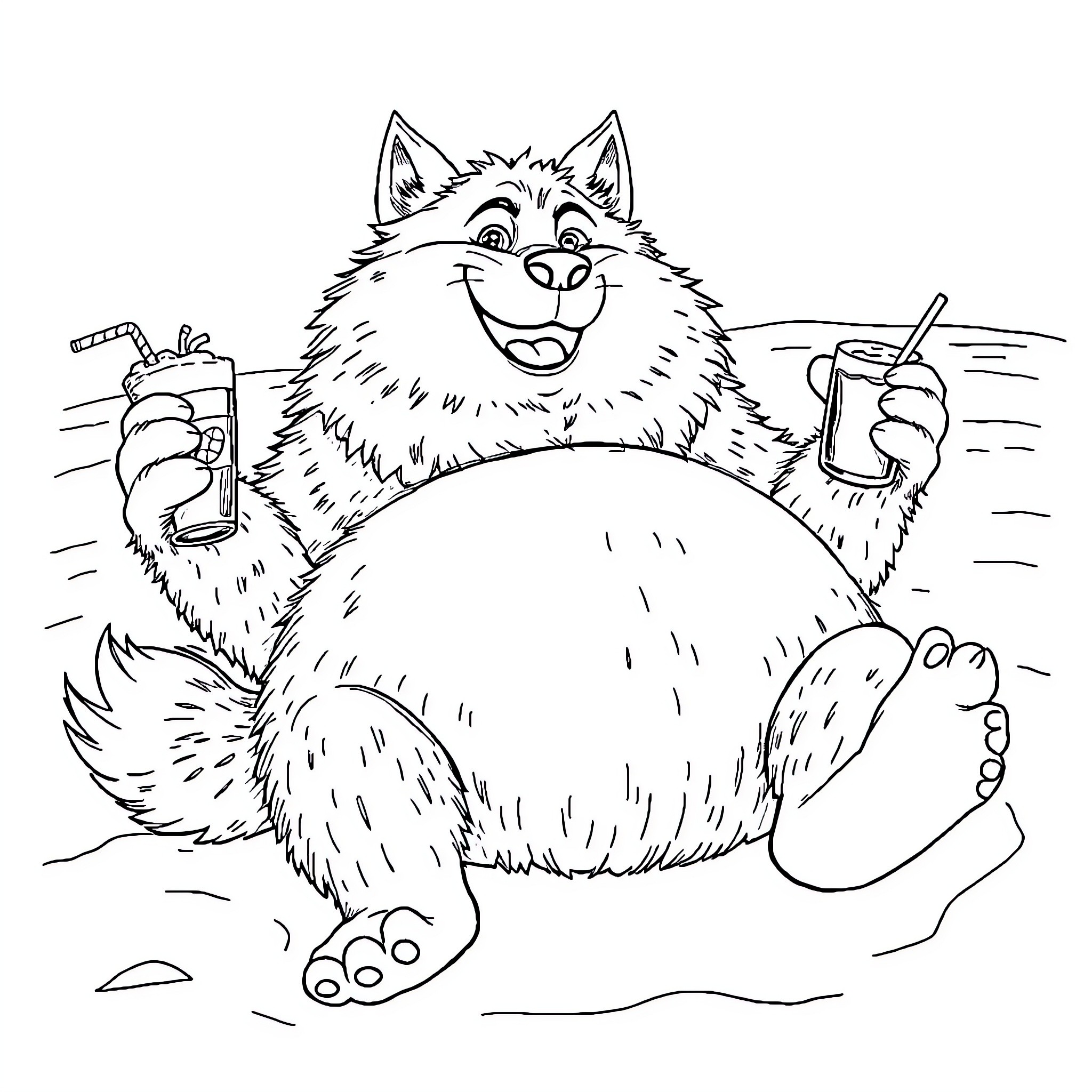 Wolf enjoying a refreshing drink Coloring Page (free black-and-white line drawing printable PDF for all, from beginners to advanced learners, including children, teens, adults, and seniors)