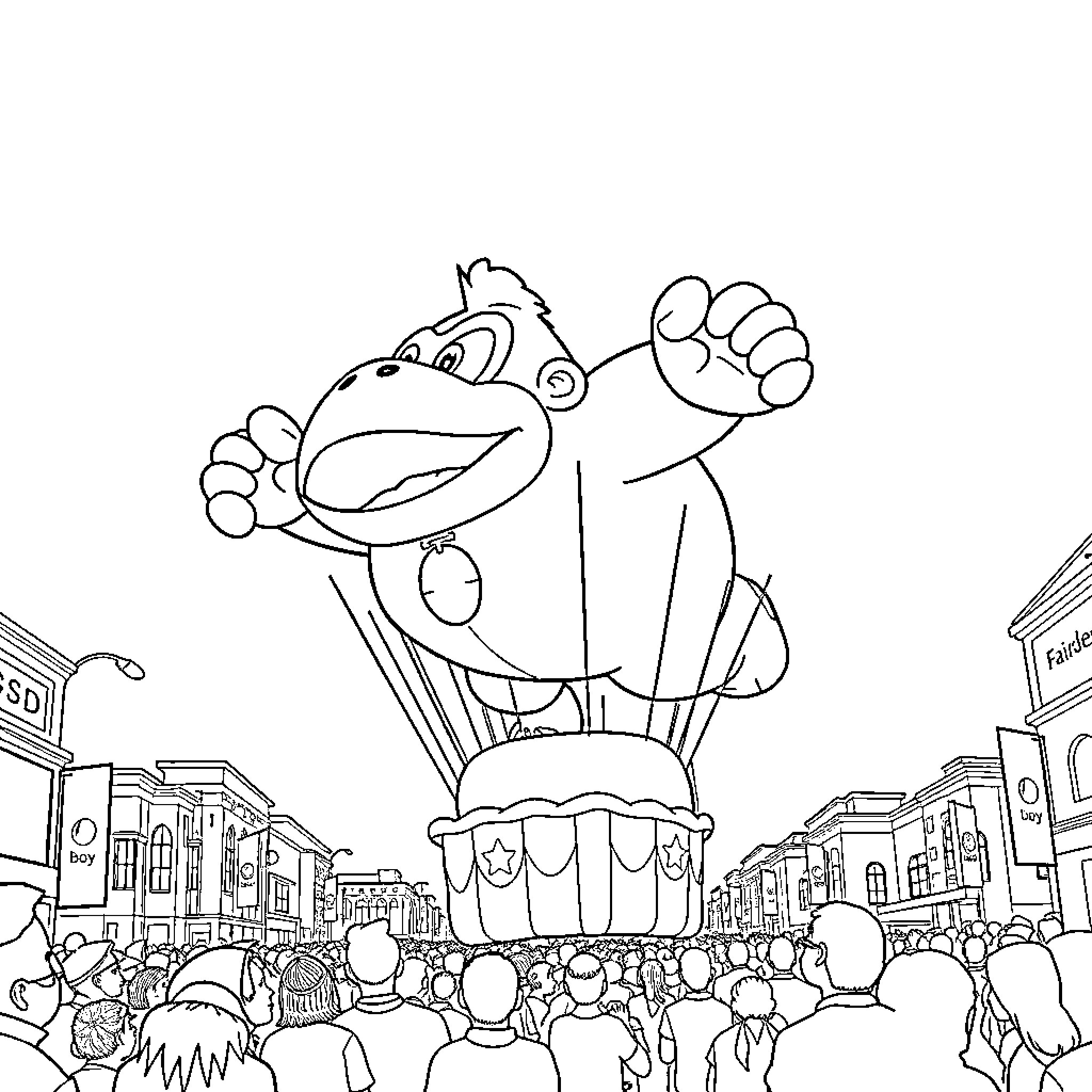 Donkey Kong balloon in a parade with a crowd Coloring Page (free black-and-white line drawing printable PDF for all, from beginners to advanced learners, including children, teens, adults, and seniors)