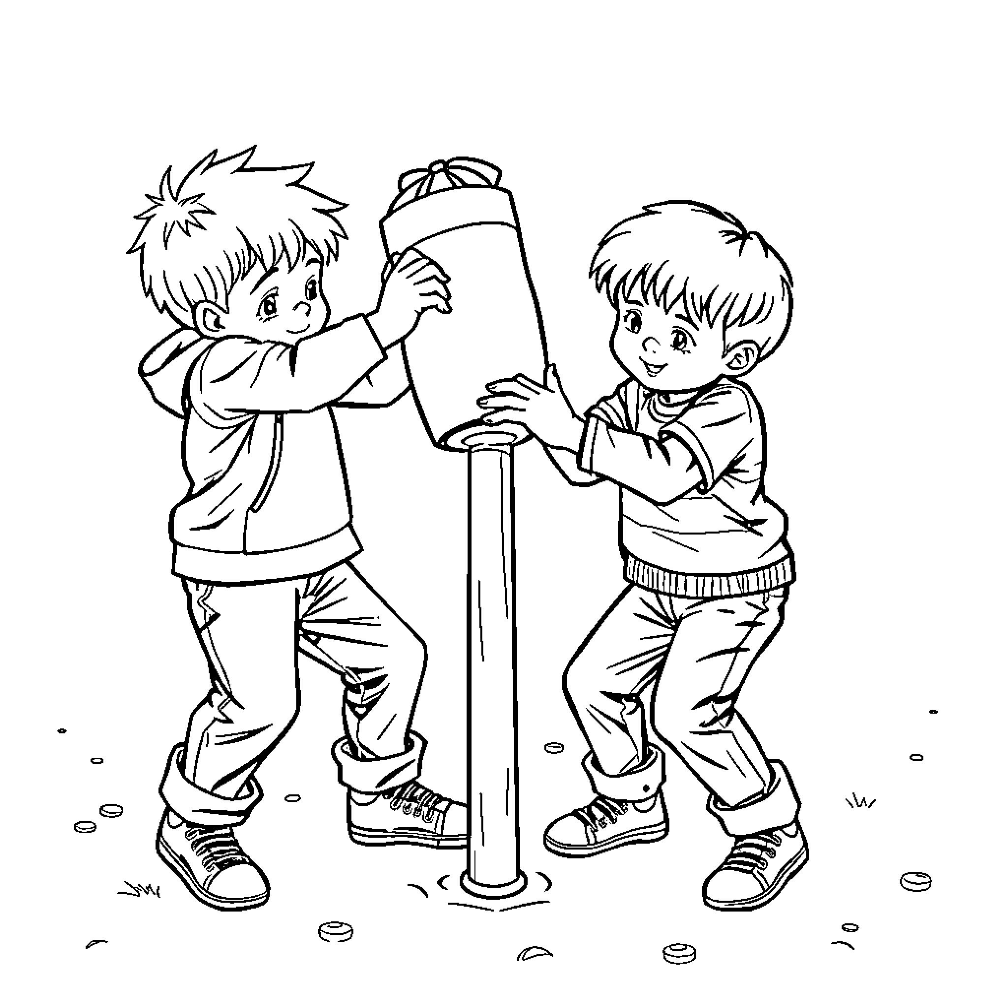 Enfant boys playing on outdoor equipment Coloring Page (free black-and-white line drawing printable PDF for all, from beginners to advanced learners, including children, teens, adults, and seniors)