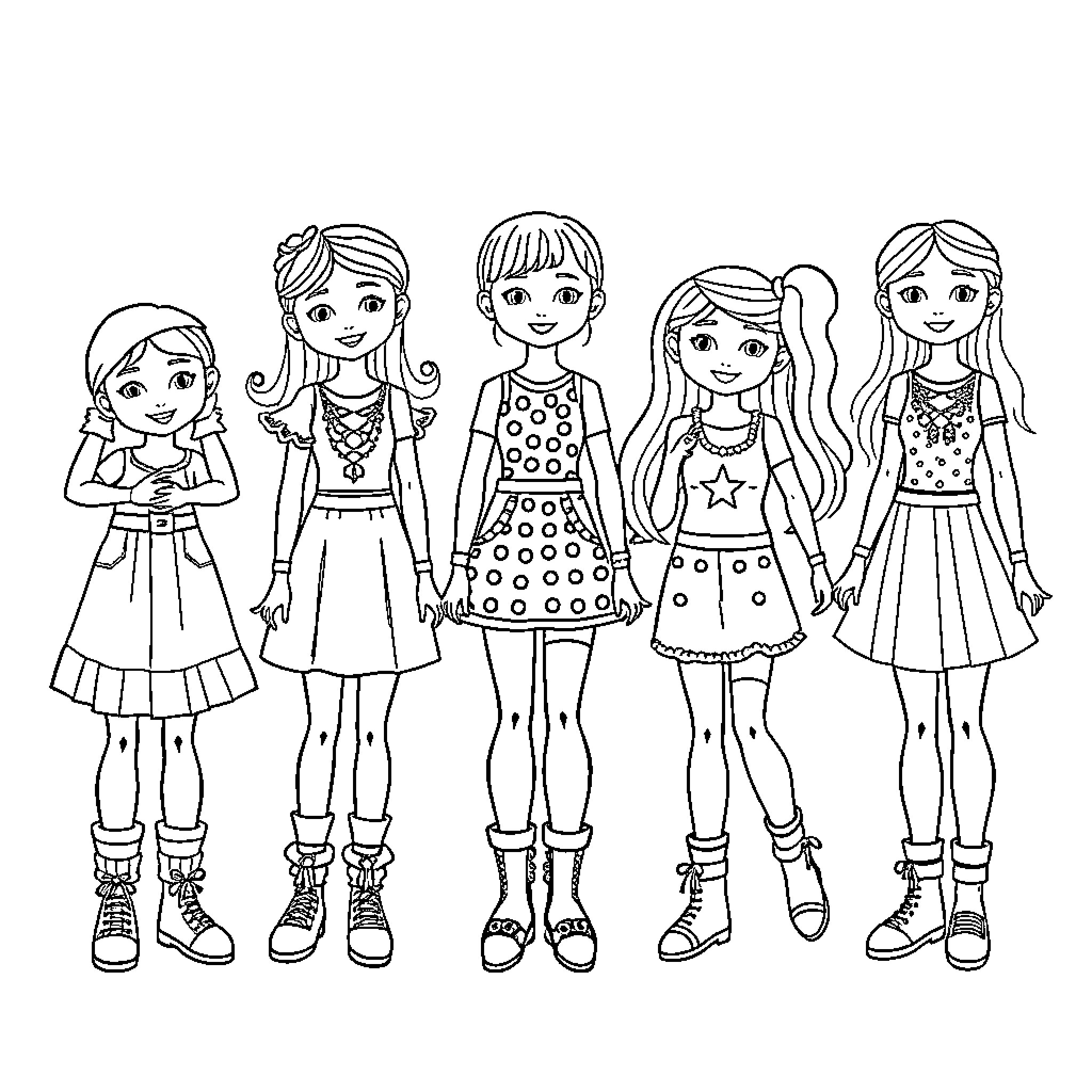 Dandy Girls in Fashionable Outfits Coloring Page (free black-and-white line drawing printable PDF for all, from beginners to advanced learners, including children, teens, adults, and seniors)