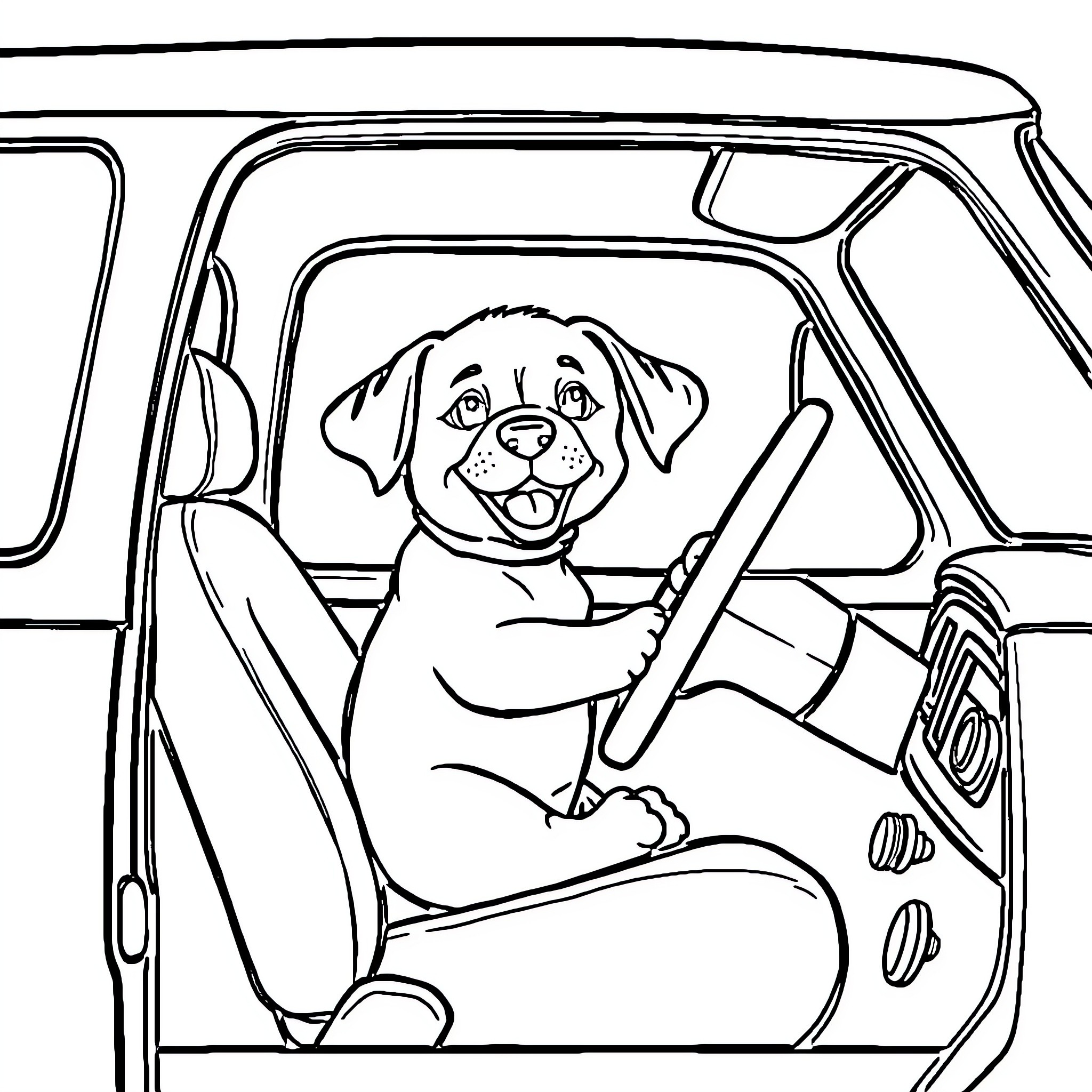 Puppy driving a car happily Coloring Page (free black-and-white line drawing printable PDF for all, from beginners to advanced learners, including children, teens, adults, and seniors)