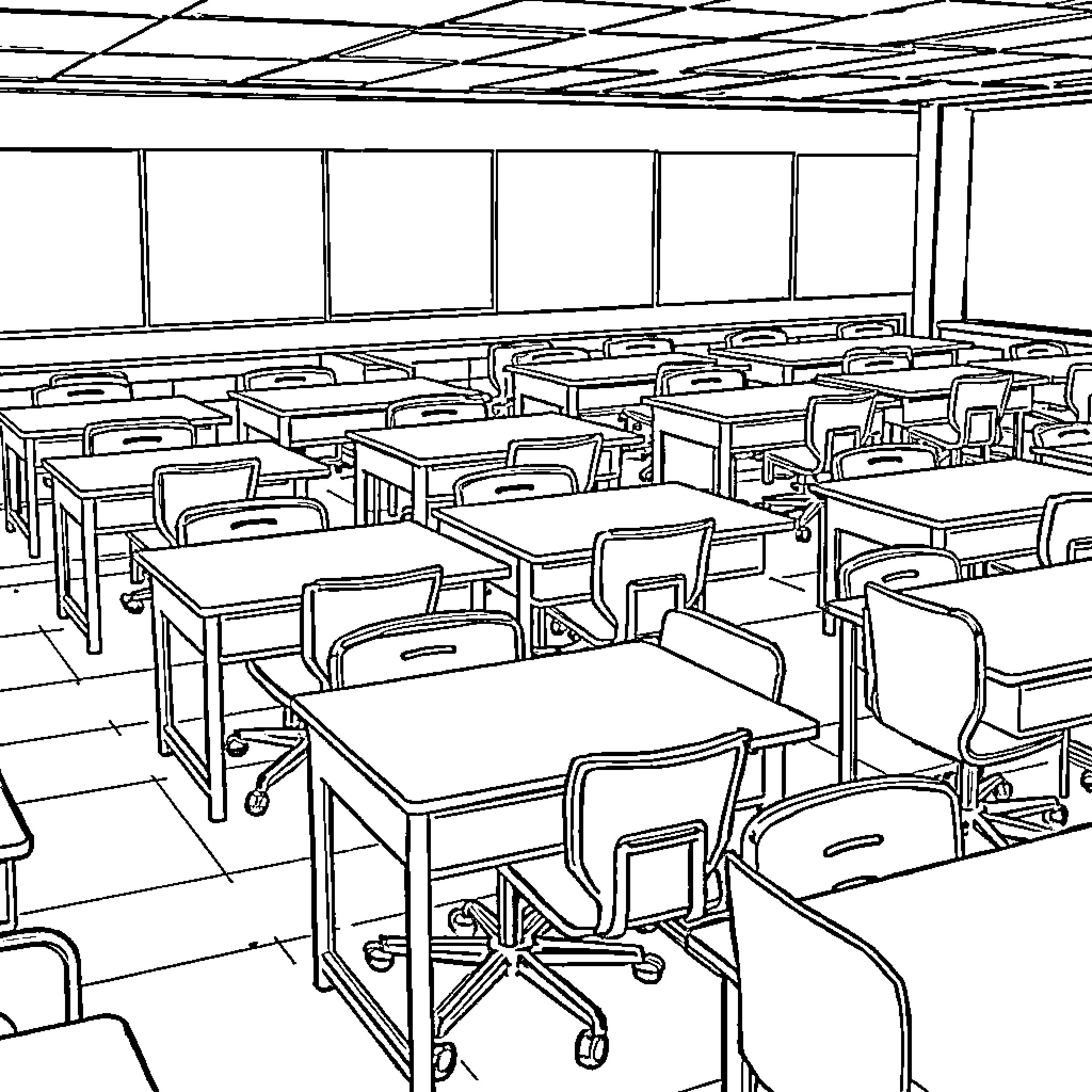 Work Area with Desk Chairs and Tables Coloring Page (free black-and-white line drawing printable PDF for all, from beginners to advanced learners, including children, teens, adults, and seniors)