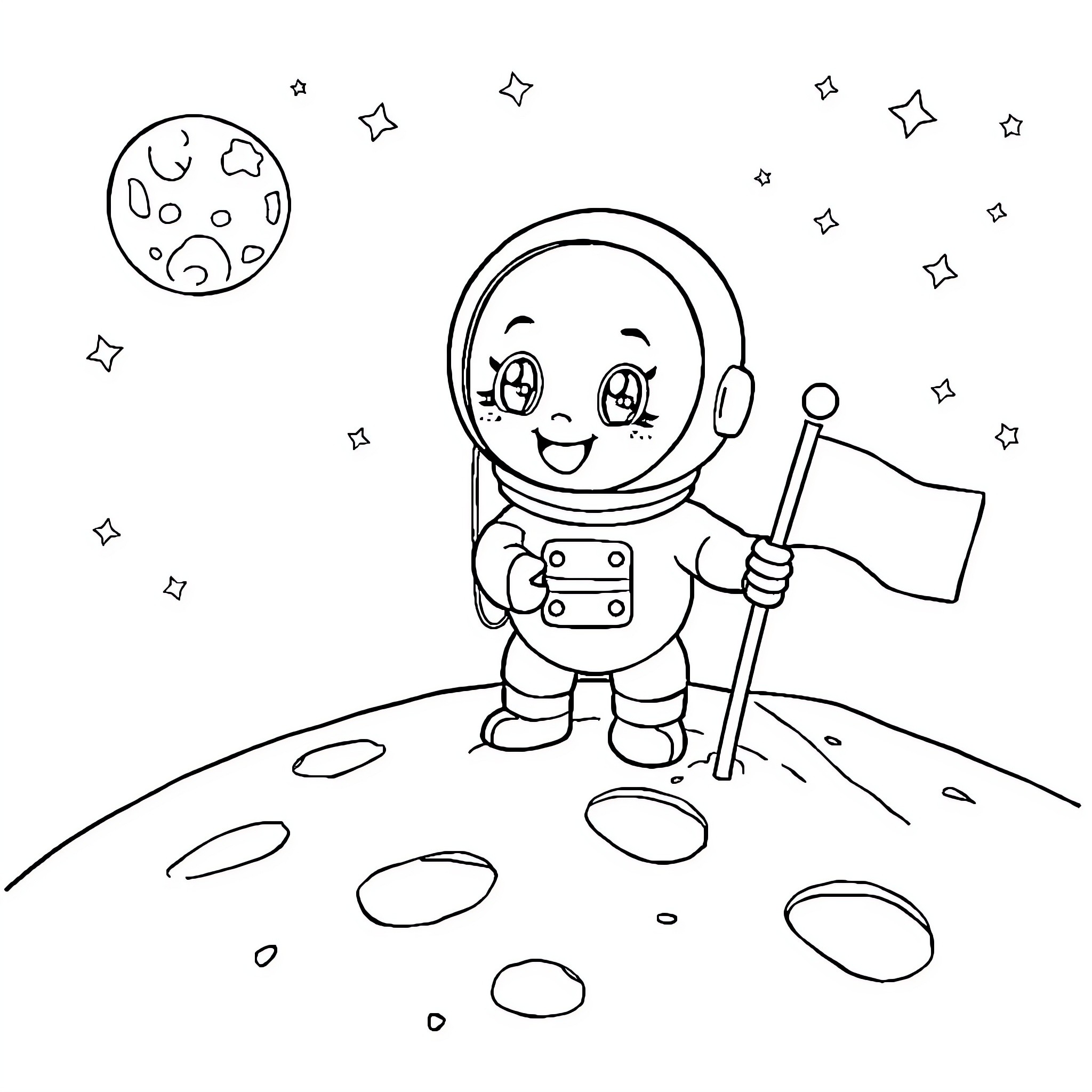 Astronaut exploring the moon with a flag Coloring Page (free black-and-white line drawing printable PDF for all, from beginners to advanced learners, including children, teens, adults, and seniors)