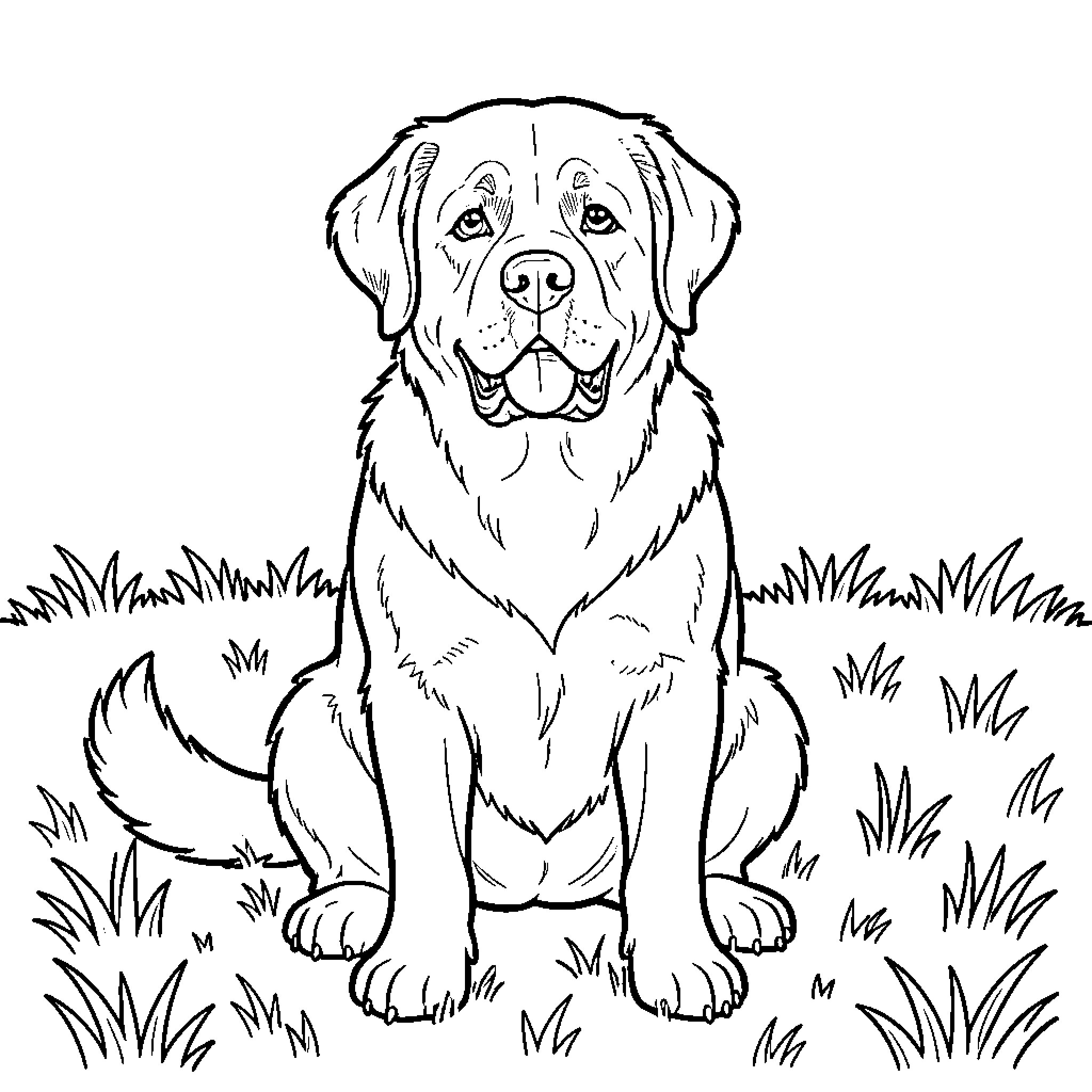 Saint Bernard sitting calmly in the grass Coloring Page (free black-and-white line drawing printable PDF for all, from beginners to advanced learners, including children, teens, adults, and seniors)