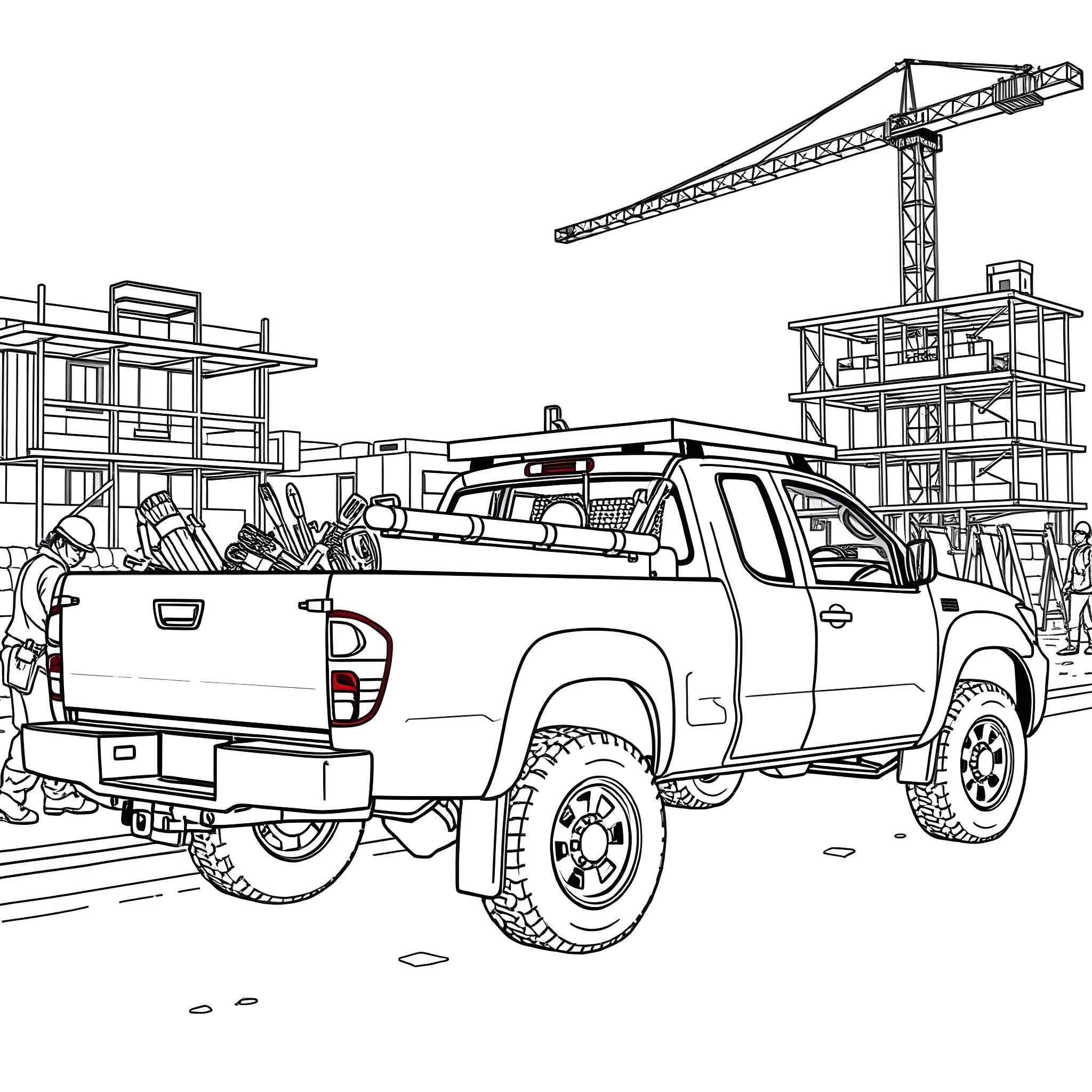 Pickup truck loaded with construction equipment on site Coloring Page (free black-and-white line drawing printable PDF for all, from beginners to advanced learners, including children, teens, adults, and seniors)