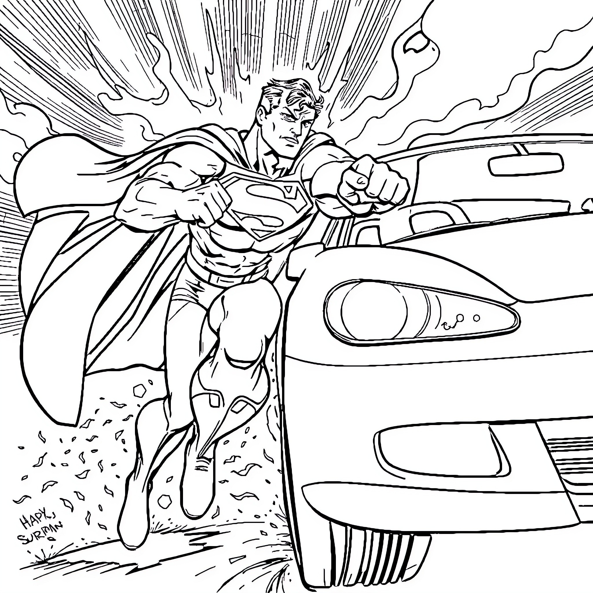 Superman heroically rushing to the rescue Coloring Page (free black-and-white line drawing printable PDF for all, from beginners to advanced learners, including children, teens, adults, and seniors)