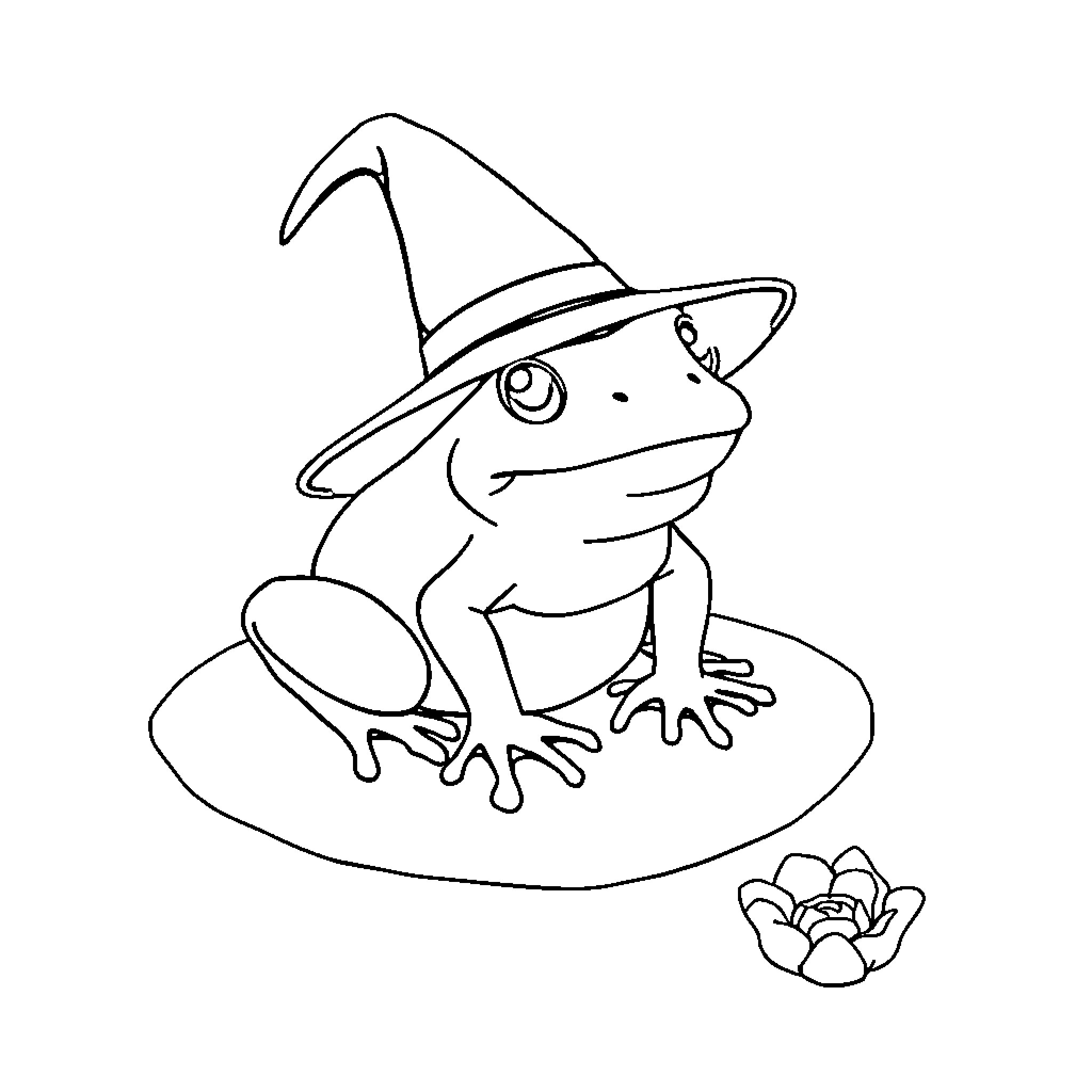 Frog wearing a wizard hat Coloring Page (free black-and-white line drawing printable PDF for all, from beginners to advanced learners, including children, teens, adults, and seniors)