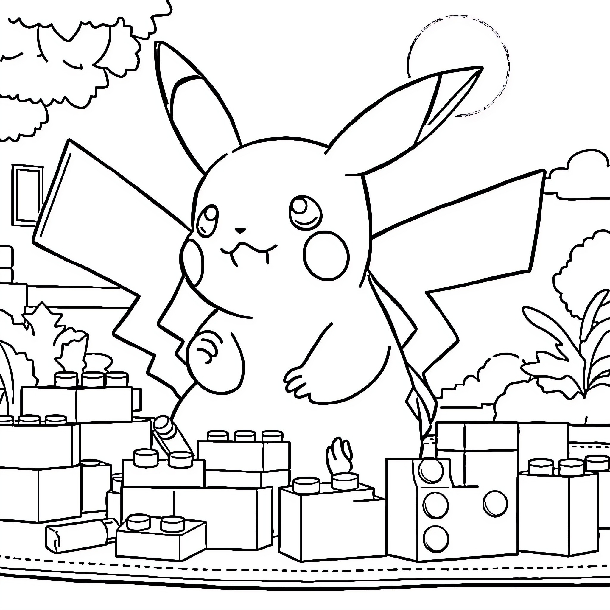 Pikachu enjoying a playful adventure in the toy blocks world Coloring Page (free black-and-white line drawing printable PDF for all, from beginners to advanced learners, including children, teens, adults, and seniors)