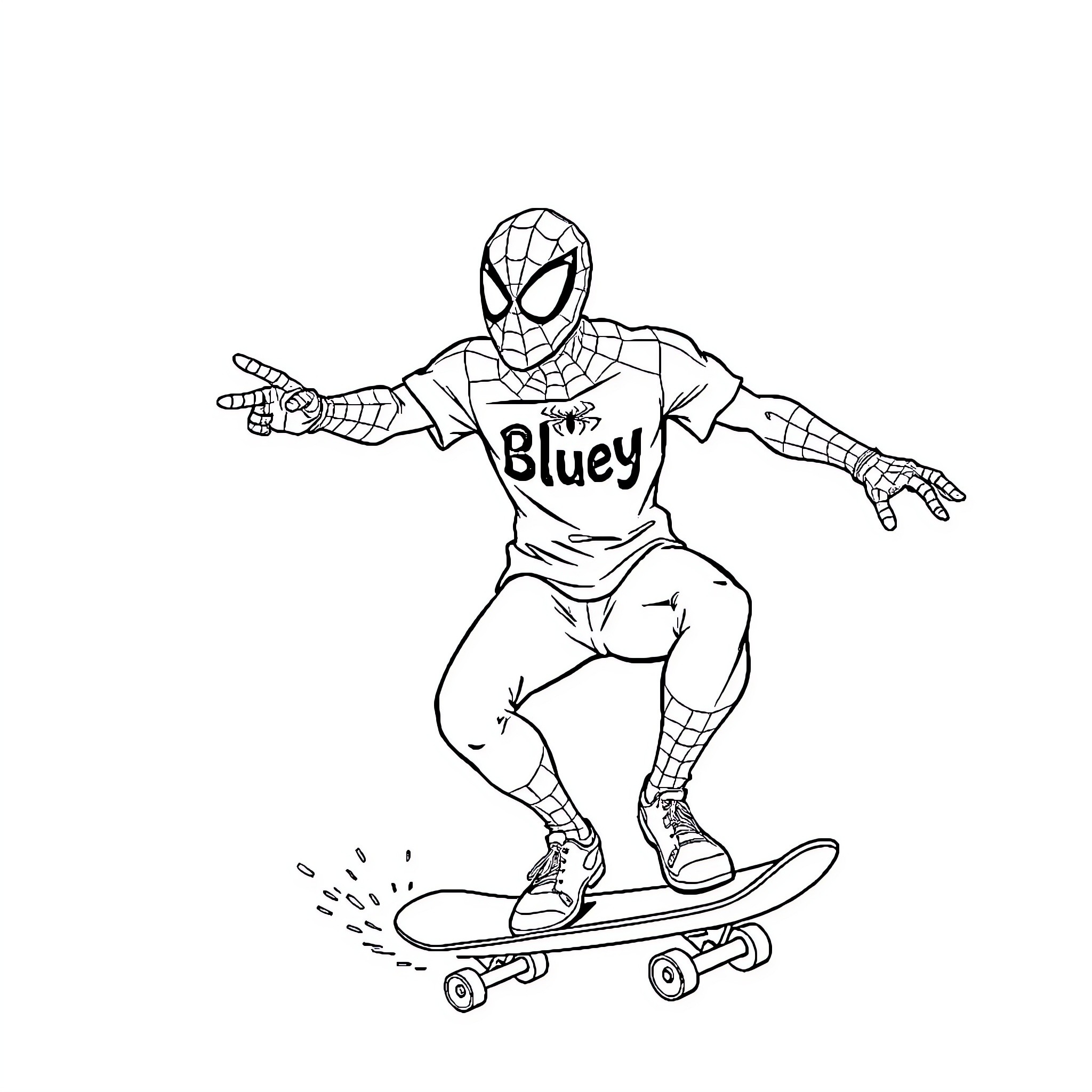 Spider-Man skateboarding with a 'Bluey' shirt Coloring Page (free black-and-white line drawing printable PDF for all, from beginners to advanced learners, including children, teens, adults, and seniors)