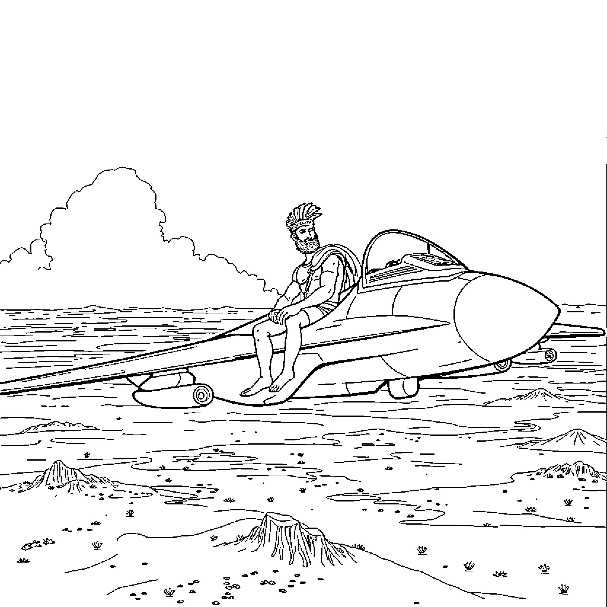 Achilles Riding in a Futuristic Spacecraft Coloring Page (free black-and-white line drawing printable PDF for all, from beginners to advanced learners, including children, teens, adults, and seniors)