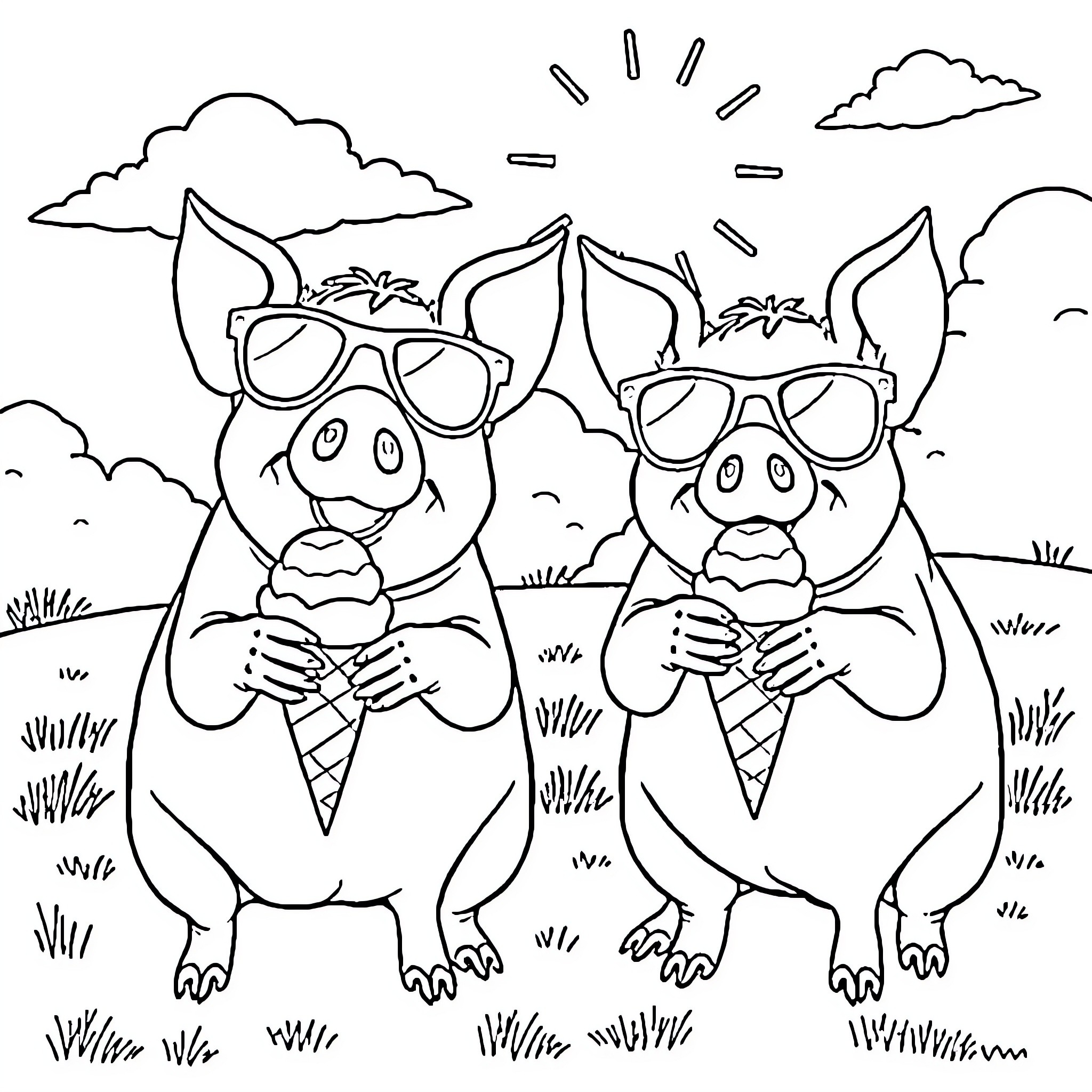 Pigs enjoying ice cream on a sunny day Coloring Page (free black-and-white line drawing printable PDF for all, from beginners to advanced learners, including children, teens, adults, and seniors)