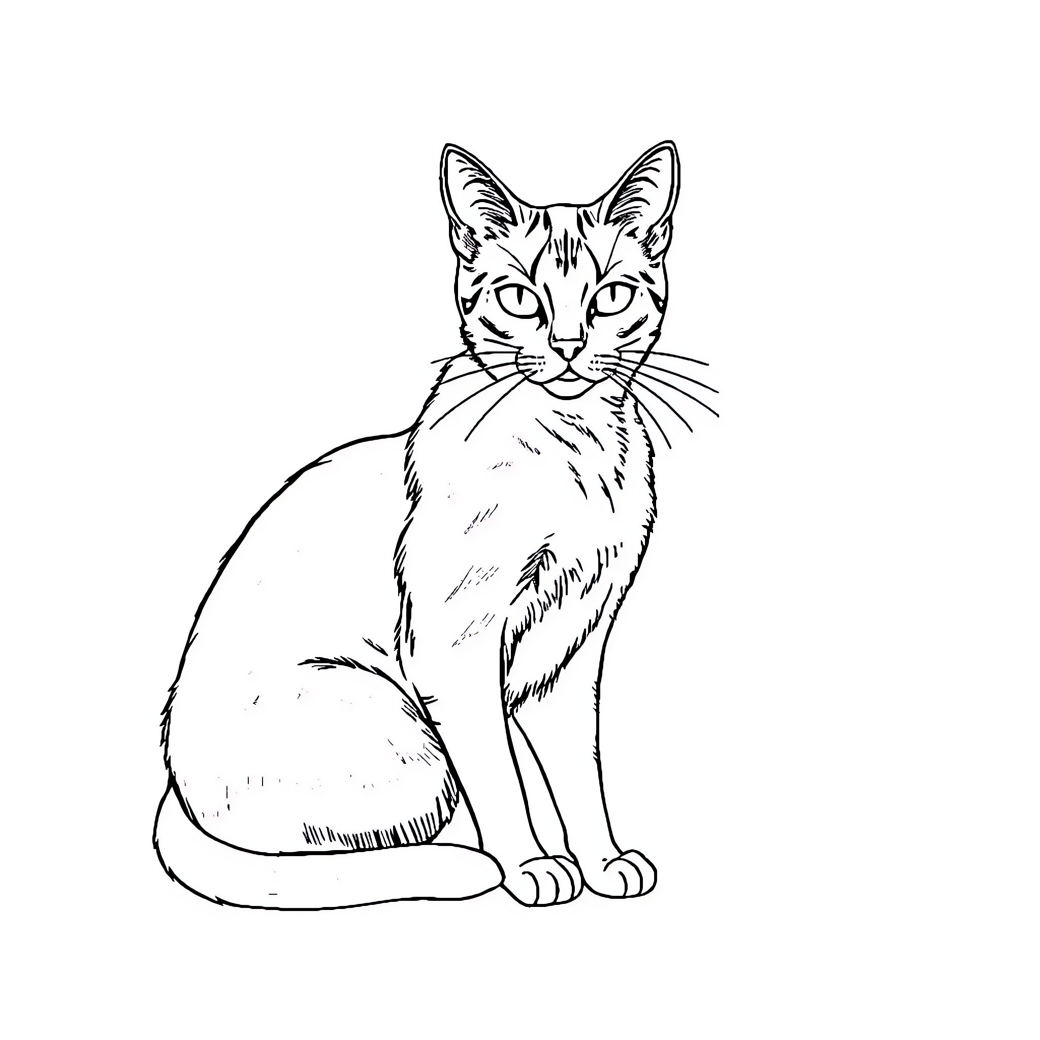 Cat sitting with alert expression Coloring Page (free black-and-white line drawing printable PDF for all, from beginners to advanced learners, including children, teens, adults, and seniors)
